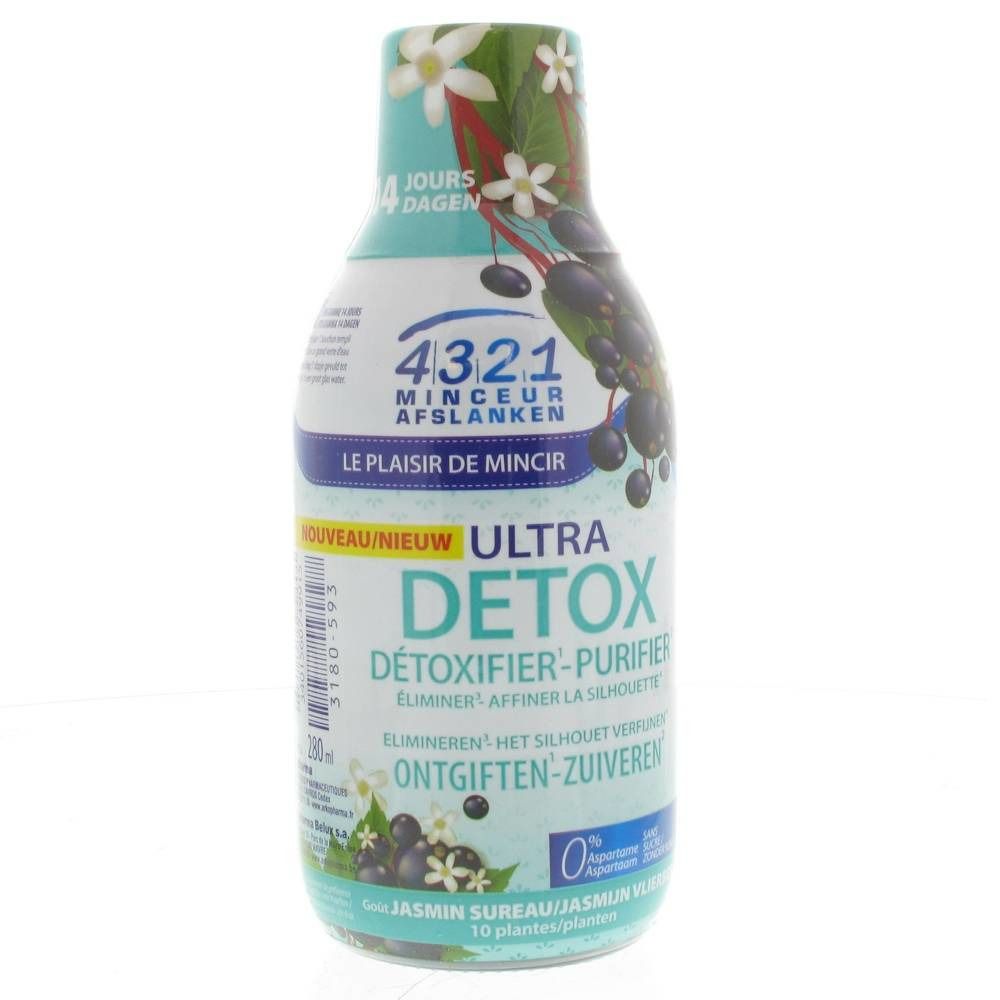Fles vloeistof. Opschrift: Ultra Detox, 4321 Minceur Afslanken. Illustraties van jasmijn- en vlierbloesem.