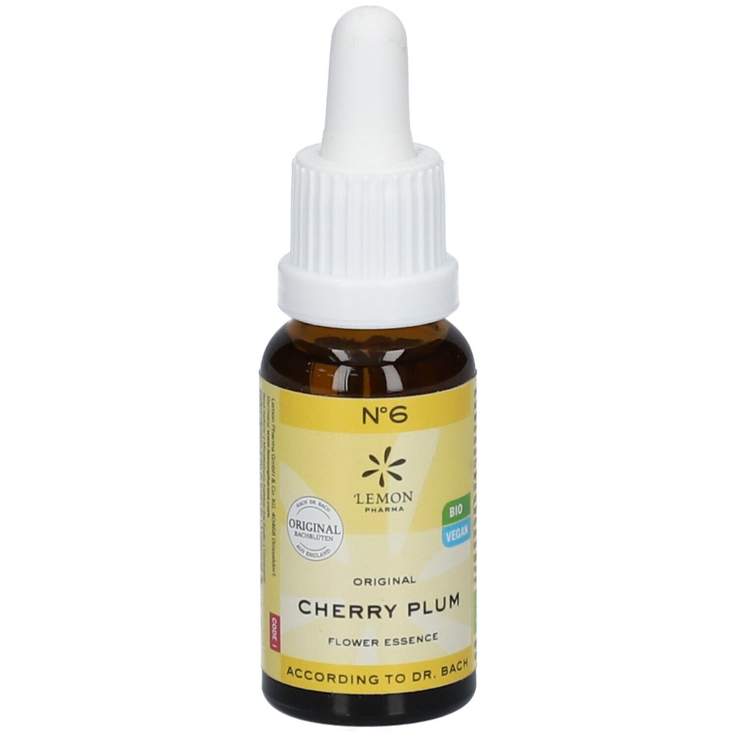 Flacon en verre brun avec bouchon blanc et pipette. Étiquette avec "Cherry Plum" et "Original". Label bio.