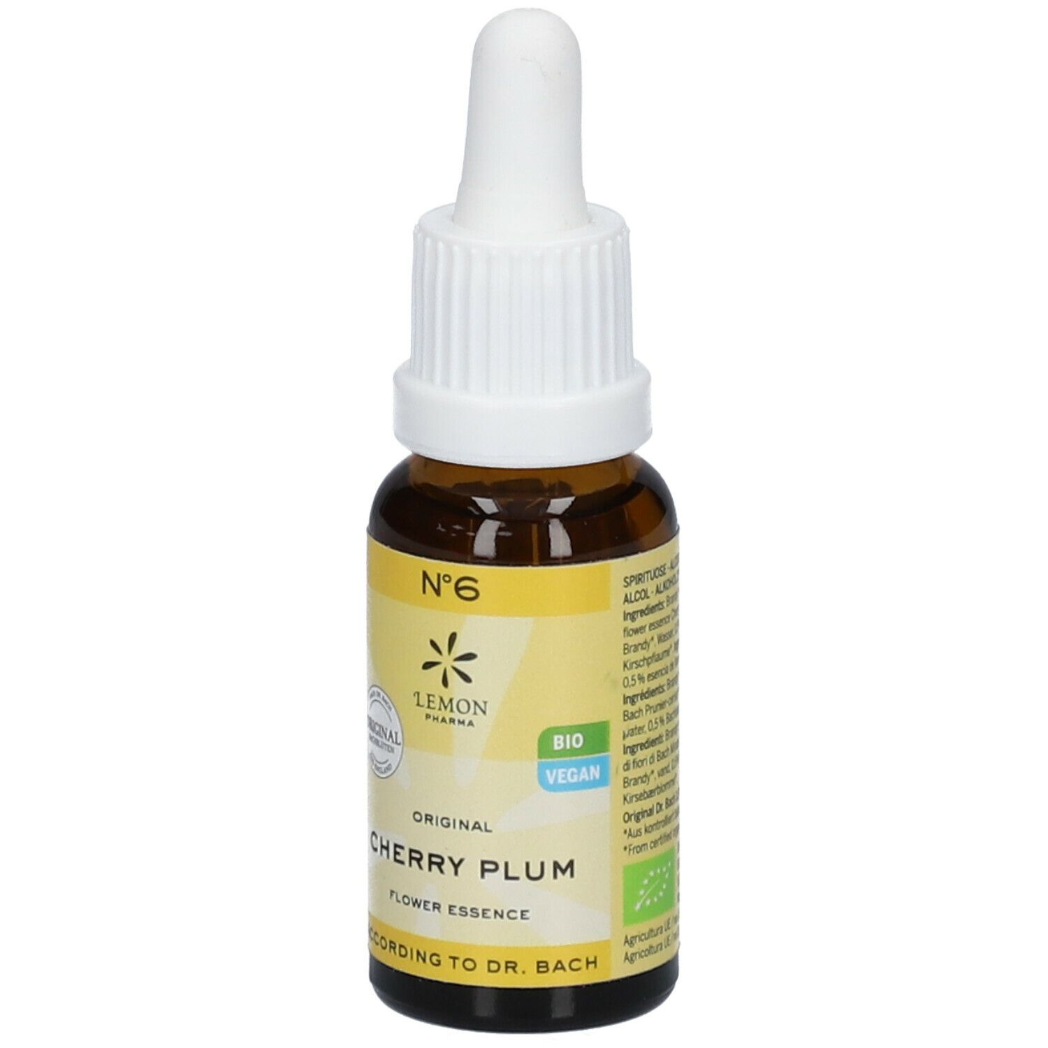 Flacon en verre brun avec bouchon blanc et pipette. Étiquette avec "Cherry Plum" et "Original". Labels bio et vegan.