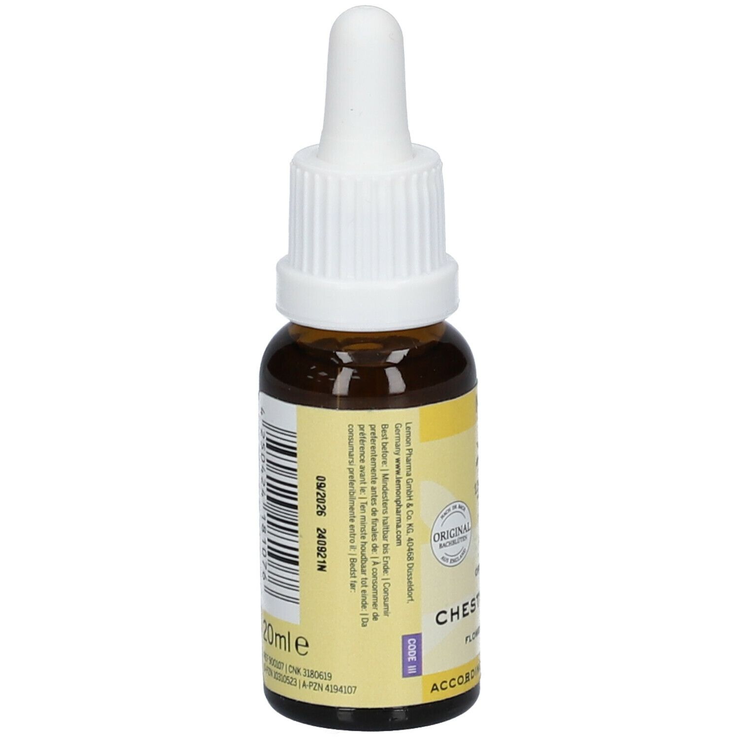 Flacon en verre brun avec bouchon blanc. Étiquette avec texte et code-barres. Compte-gouttes. 20ml.