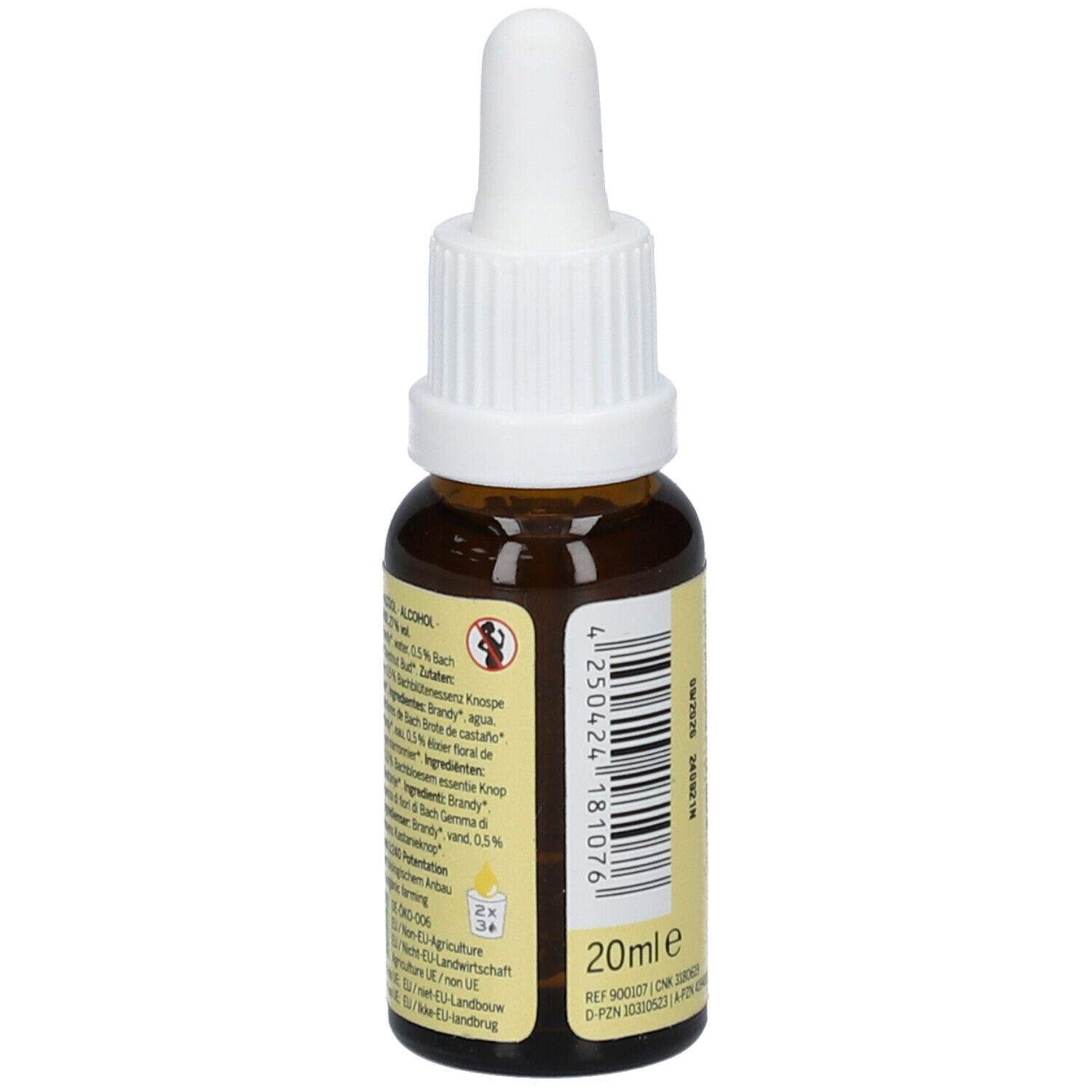 Flacon en verre brun avec bouchon blanc. Étiquette avec texte et code-barres. Compte-gouttes. 20ml.