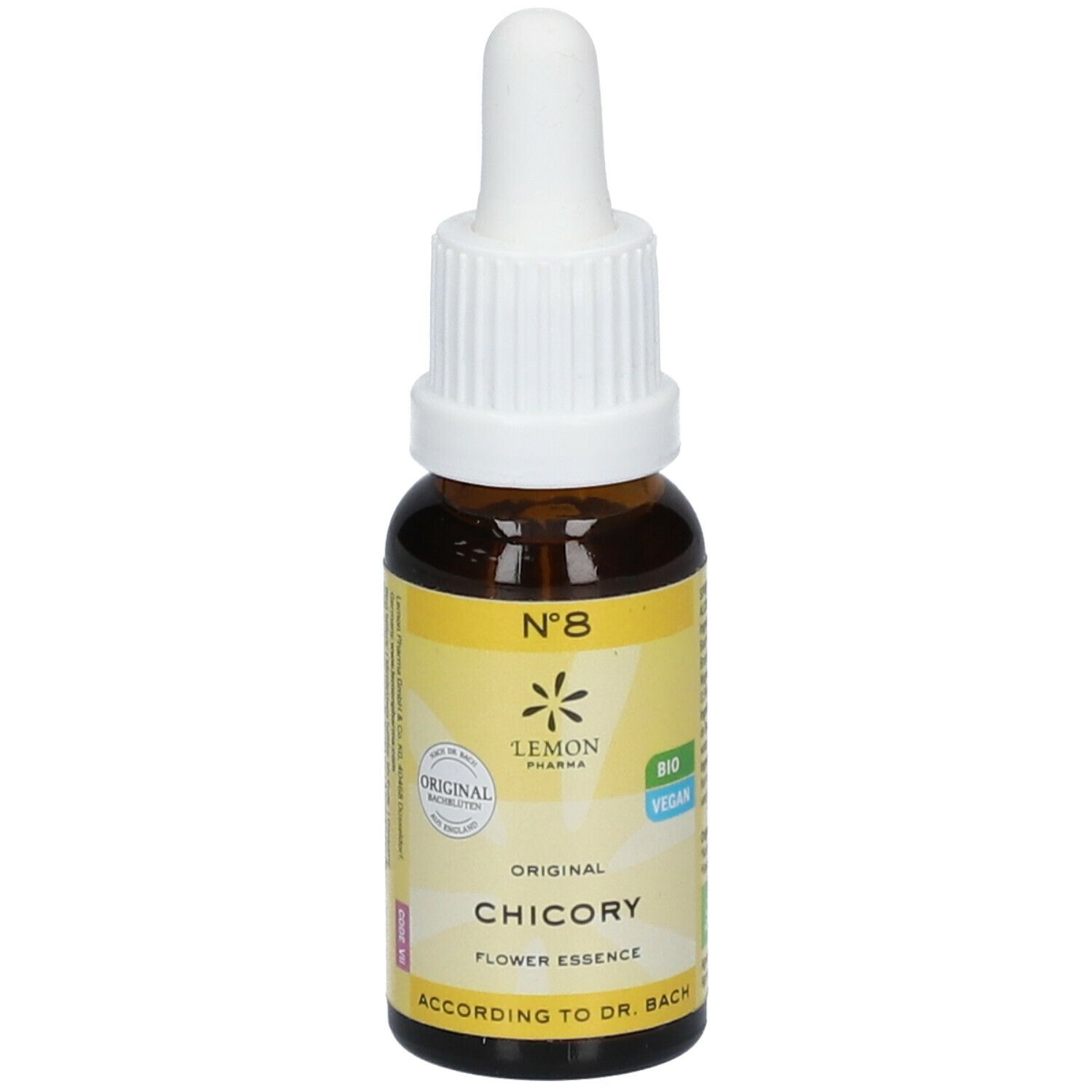 Flacon en verre brun avec compte-gouttes blanc. Étiquette avec texte: Original Chicory Flower Essence. Bio Vegan.