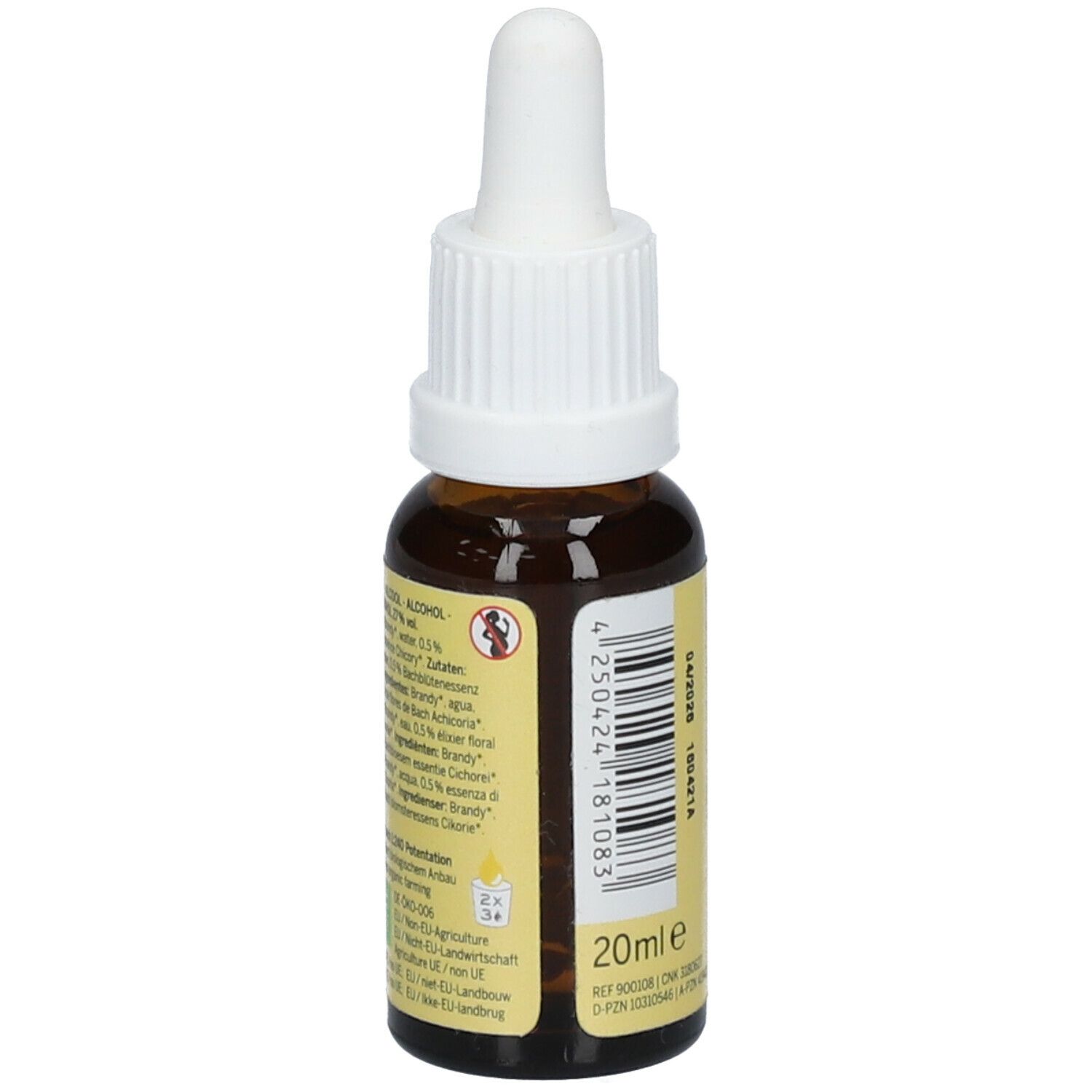 Flacon en verre brun avec compte-gouttes blanc. Étiquette avec ingrédients et code-barres. 20ml.