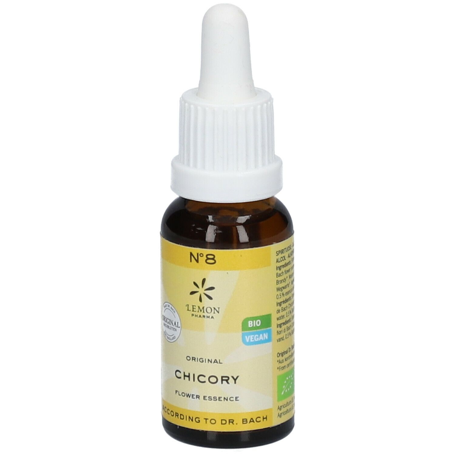 Flacon en verre brun avec compte-gouttes blanc. Étiquette avec texte: Original Chicory Flower Essence. Bio Vegan.