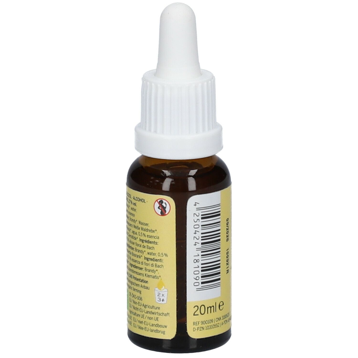 Vue arrière du flacon en verre brun avec bouchon blanc. Étiquette avec ingrédients et numéro de lot. 20 ml.