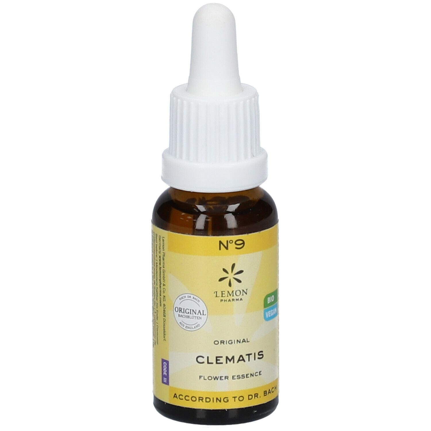 Flacon en verre brun avec bouchon blanc et pipette. Étiquette avec informations produit. "Lemon Pharma" et "Clematis" visibles.
