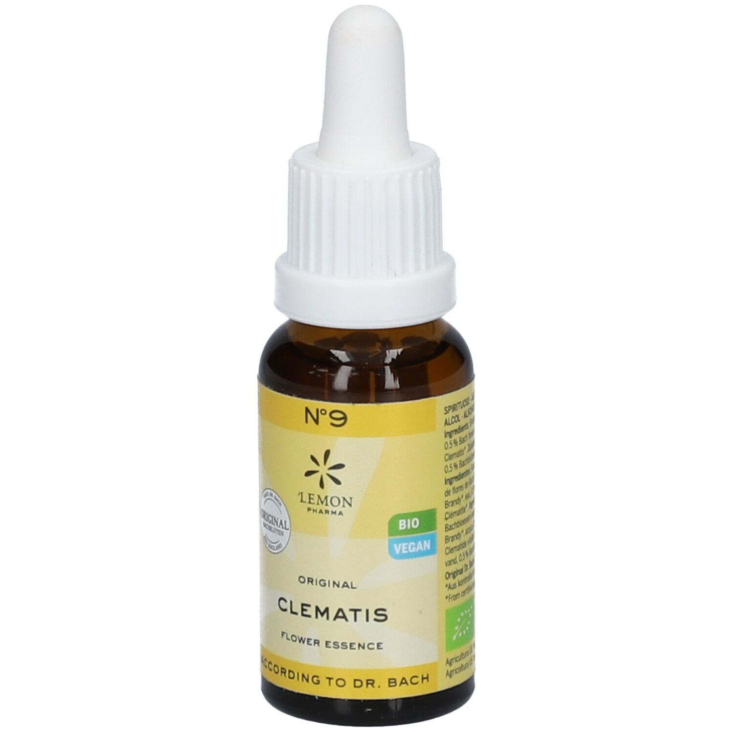 Flacon en verre brun avec bouchon blanc et pipette. Étiquette avec informations produit. "Lemon Pharma", "Clematis" et label bio.
