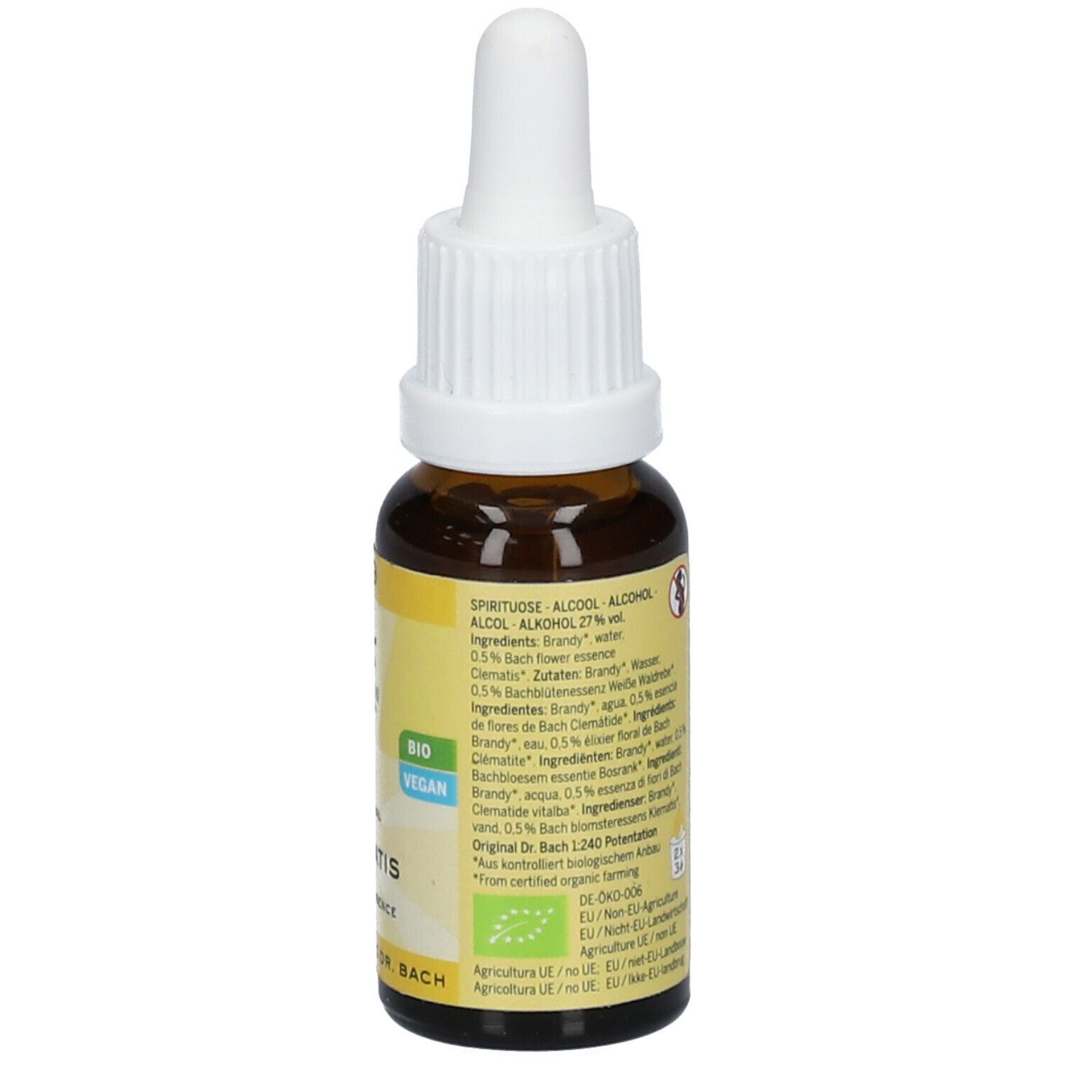 Vue arrière du flacon en verre brun avec bouchon blanc. Étiquette avec ingrédients, label bio et numéro de lot. 20 ml.
