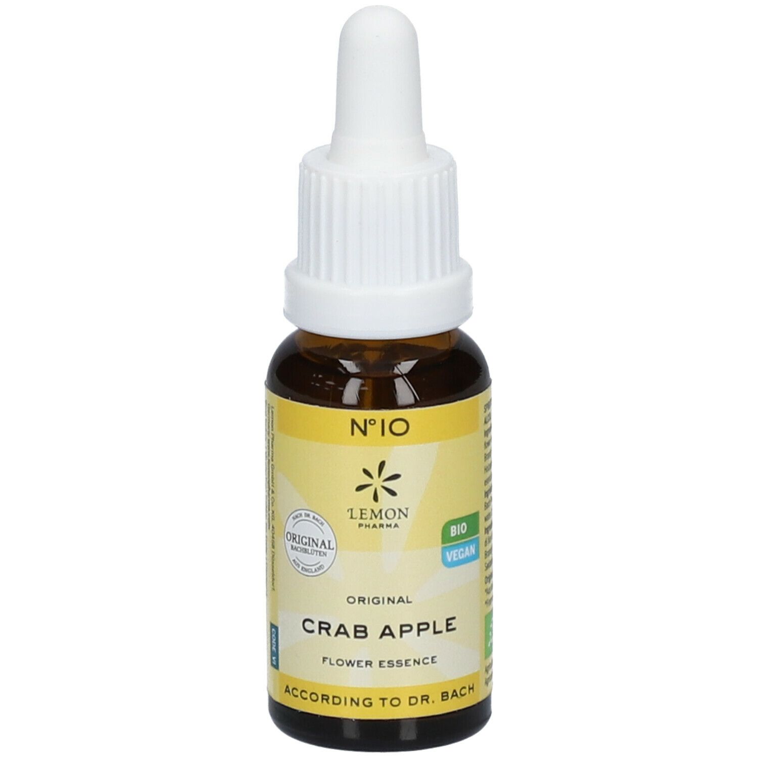 Flacon en verre brun avec compte-gouttes blanc. Étiquette jaune avec texte : Crab Apple, No. 10, Bio, Vegan. Fleurs de Bach.