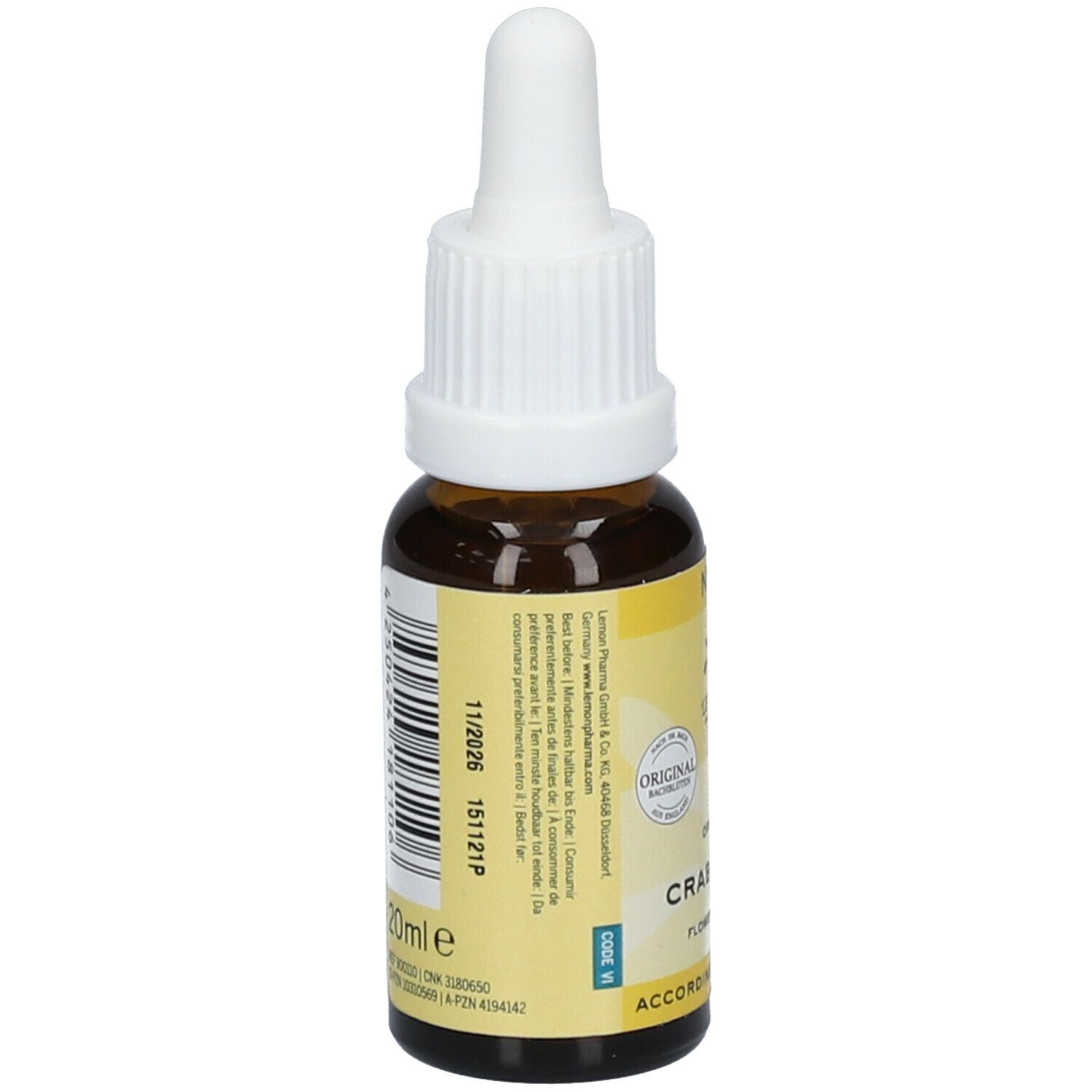 Vue arrière du flacon en verre brun avec étiquette jaune. Texte : 11/2026, 20ml, Fleurs de Bach, Vegan, Bio. Code-barres.
