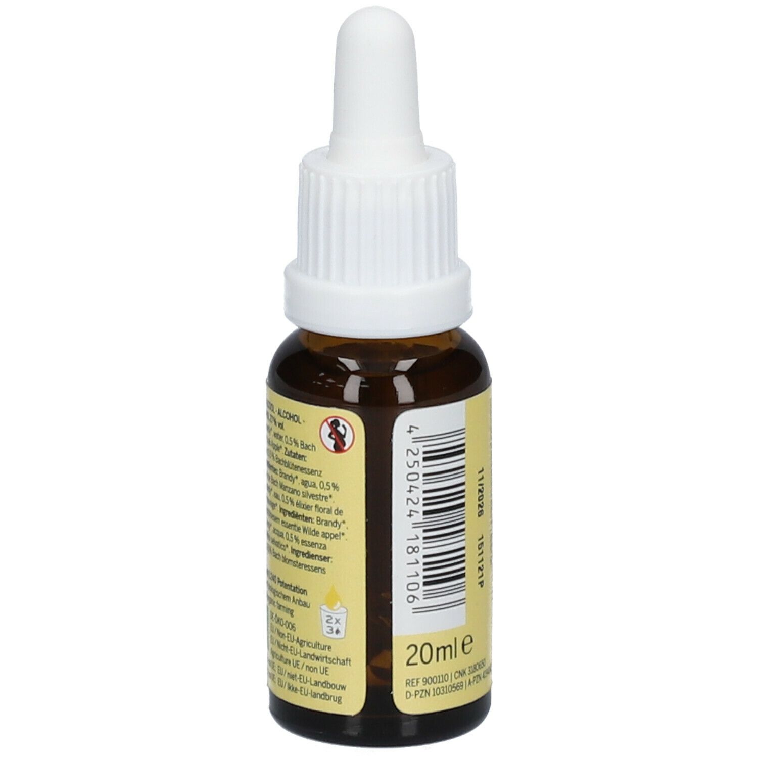 Vue arrière du flacon en verre brun avec étiquette jaune. Texte : Ingrédients, 20ml, Fleurs de Bach, Vegan, Bio. Code-barres.