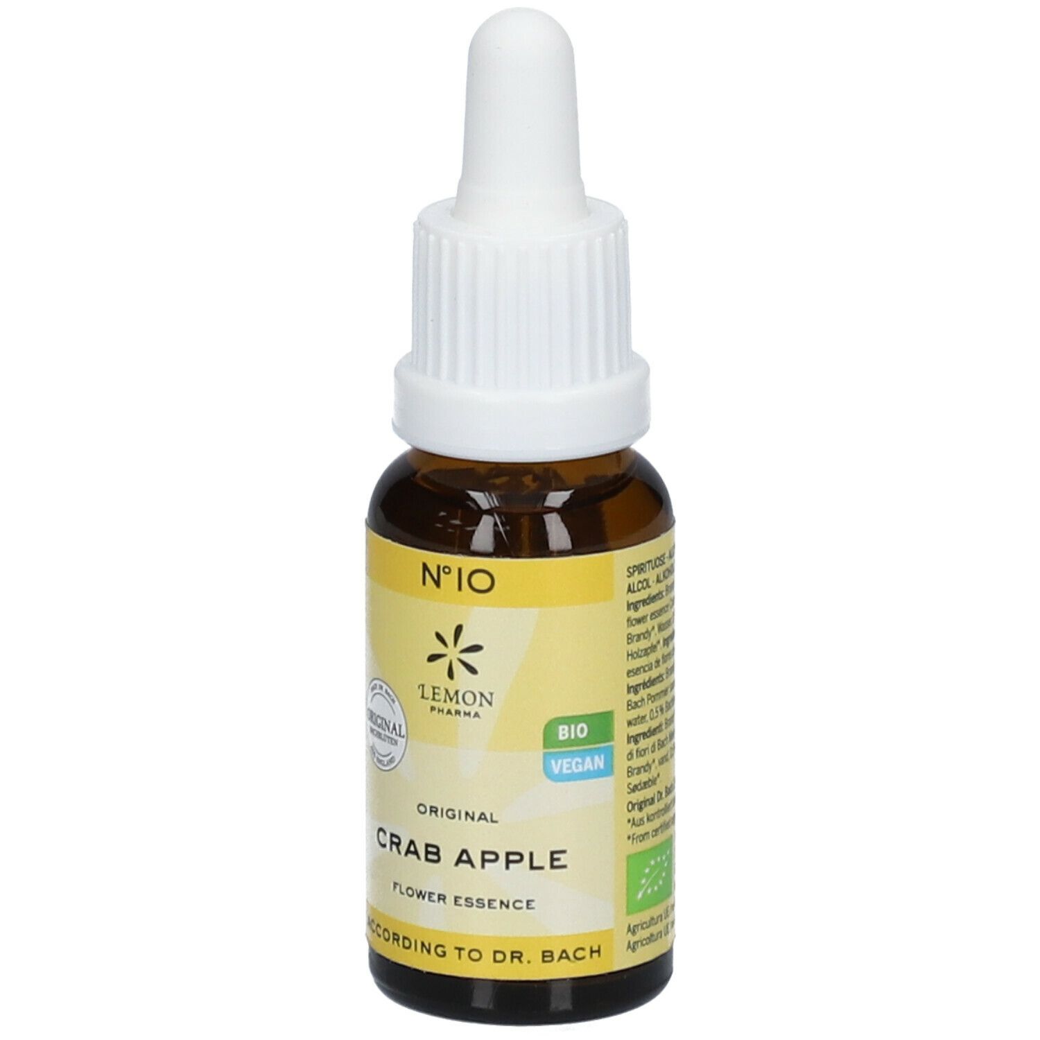 Flacon en verre brun avec compte-gouttes blanc. Étiquette jaune avec texte : Crab Apple, No. 10, Bio, Vegan. Fleurs de Bach.