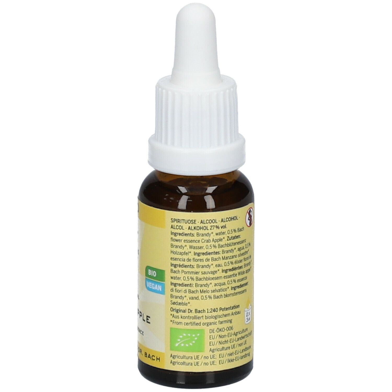Vue arrière du flacon en verre brun avec étiquette jaune. Texte : Ingrédients, 20ml, Fleurs de Bach, Vegan, Bio. Code-barres.