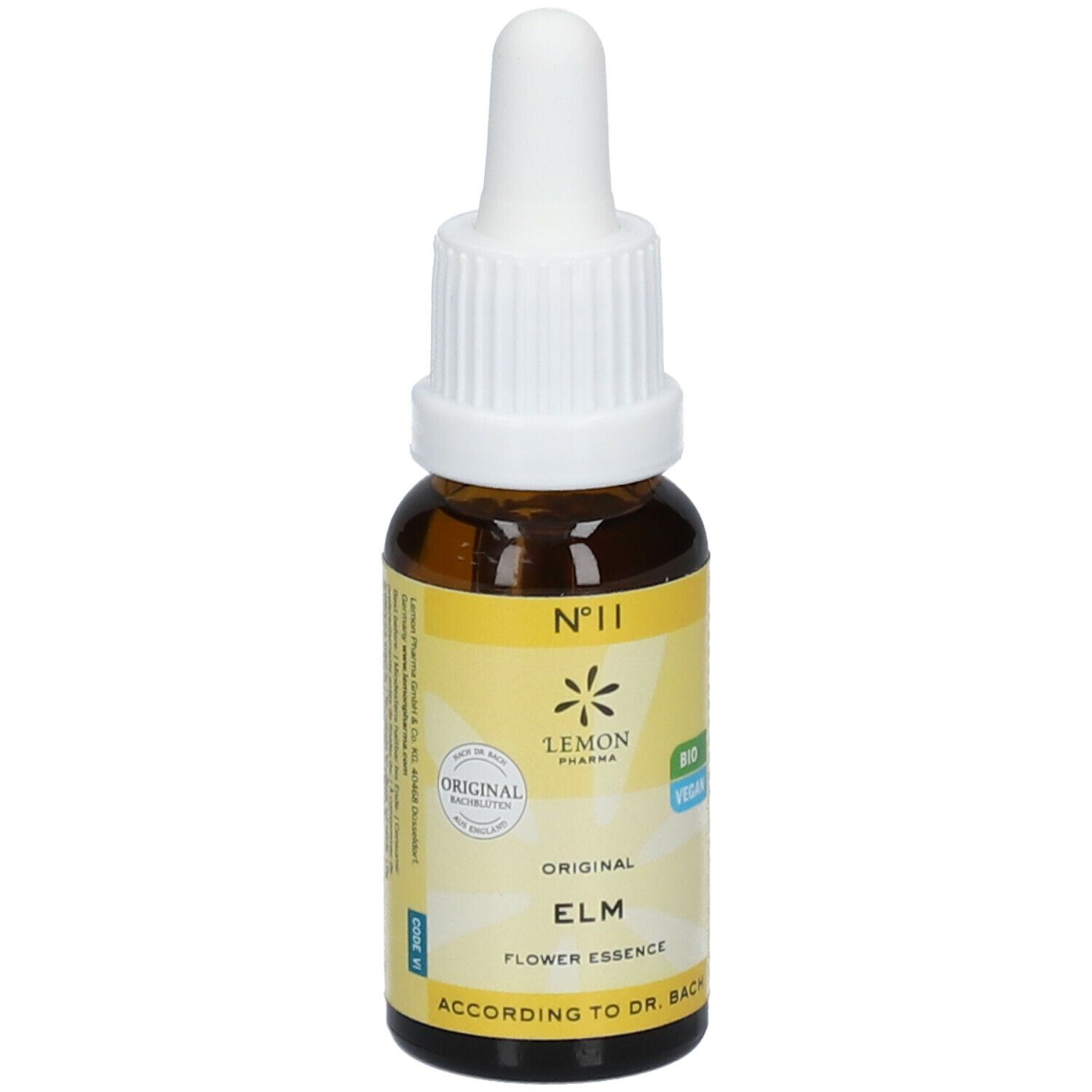 Flacon en verre brun avec compte-gouttes blanc. Étiquette jaune avec texte : Original Elm, Flower Essence, No. 11, Bio Vegan.