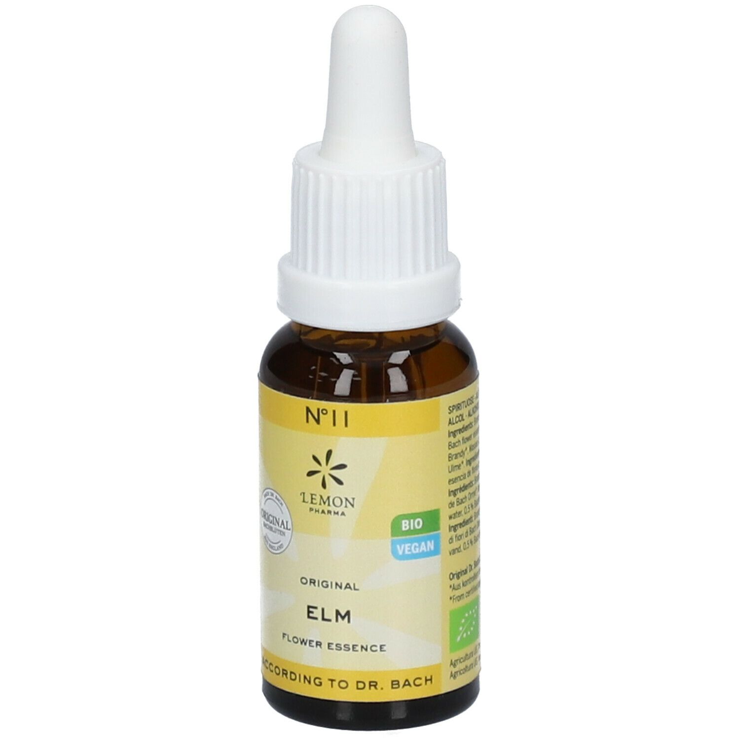 Flacon en verre brun avec compte-gouttes blanc. Étiquette jaune avec texte : Original Elm, Flower Essence, No. 11, Bio Vegan.