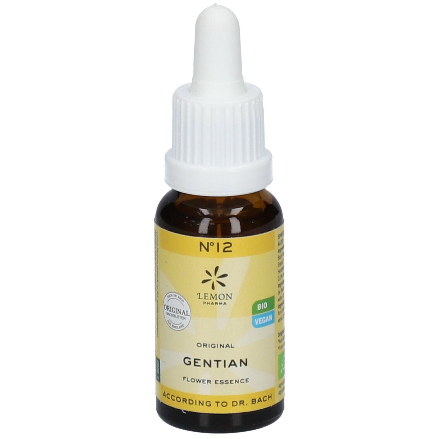 Braune Glasflasche mit gelbem Etikett. Enthält Gentian Flower Essence. Mit Tropfer. Vegan.