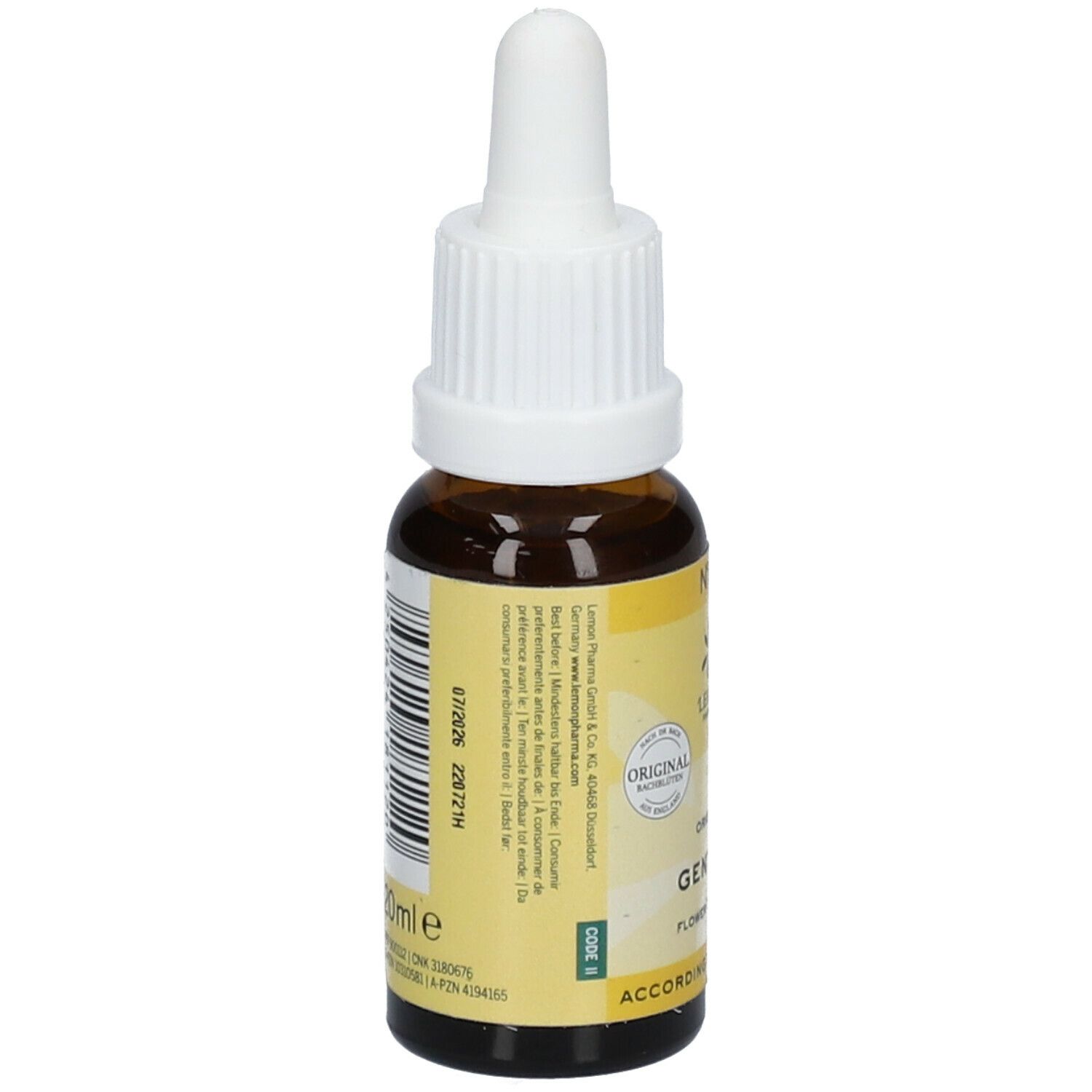 Braune Glasflasche mit gelbem Etikett. Enthält Gentian Flower Essence. Mit Tropfer. Barcode.