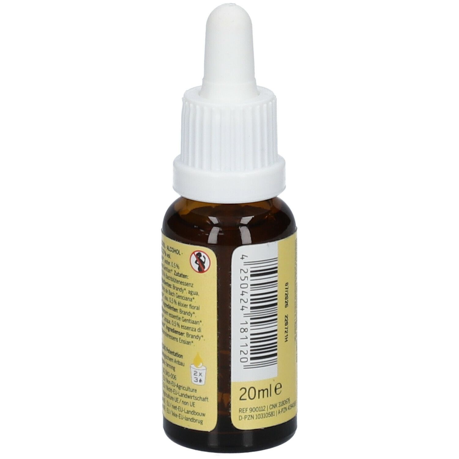 Braune Glasflasche mit gelbem Etikett. Enthält Gentian Flower Essence. Mit Tropfer. 20ml.