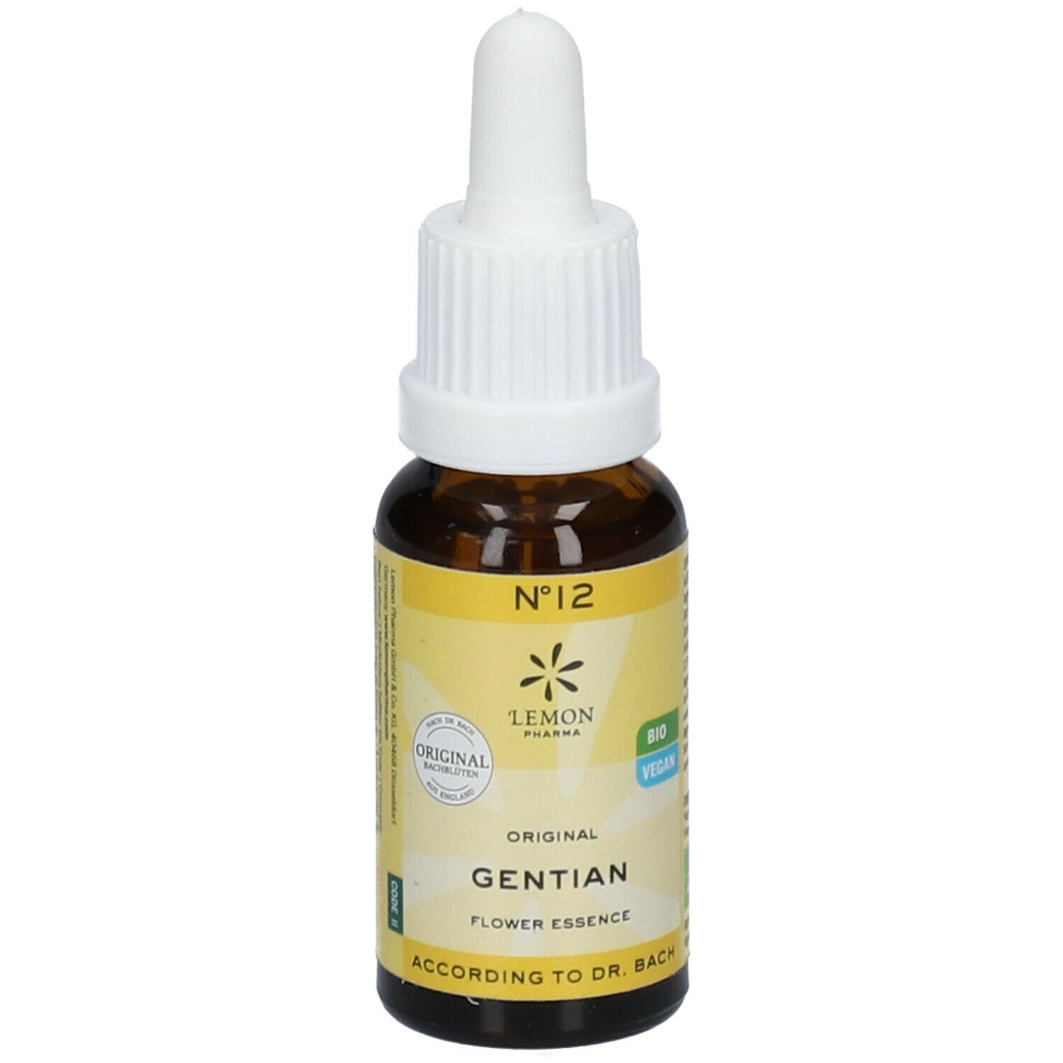 Braune Glasflasche mit gelbem Etikett. Enthält Gentian Flower Essence. Mit Tropfer. Vegan.