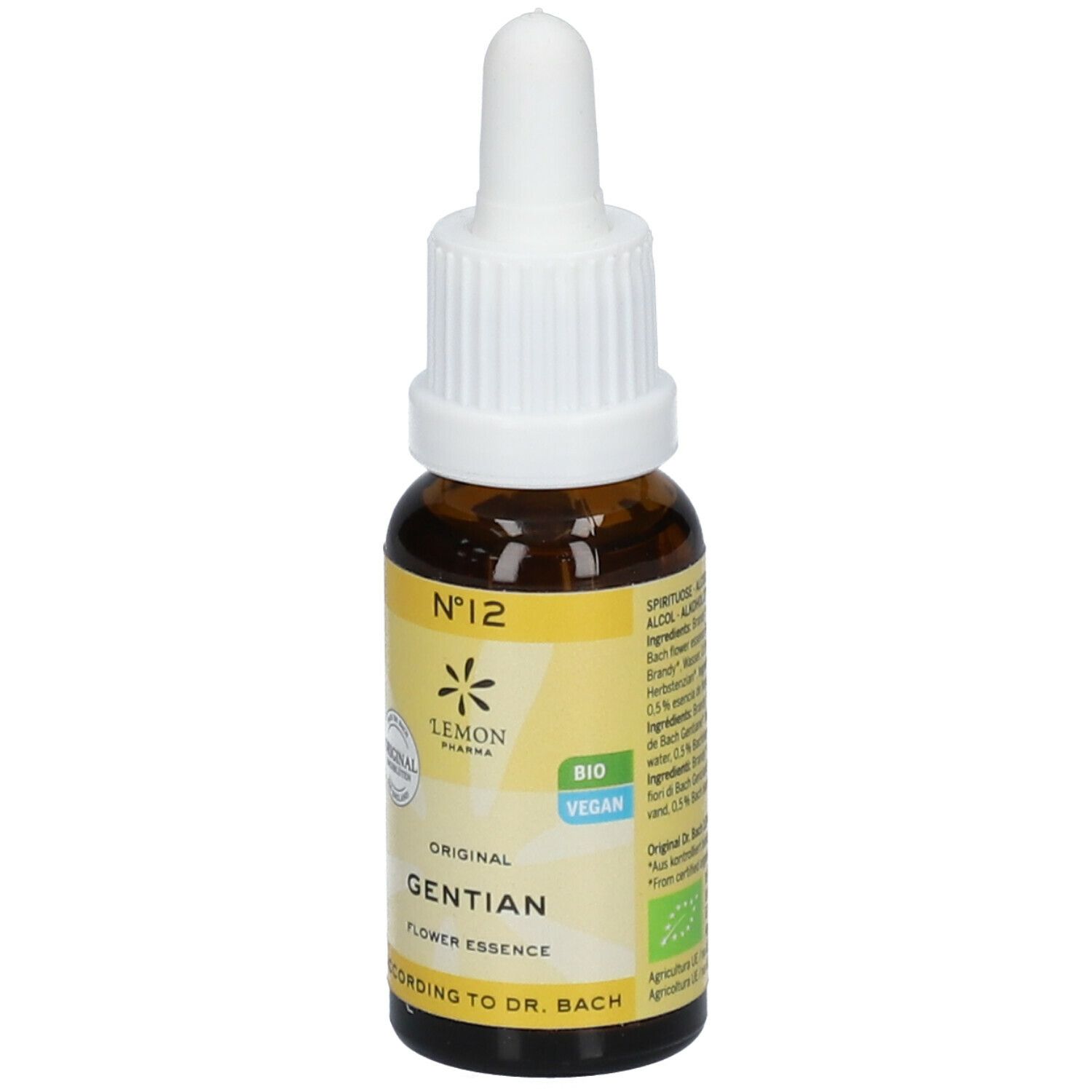 Braune Glasflasche mit gelbem Etikett. Enthält Gentian Flower Essence. Mit Tropfer. Vegan.