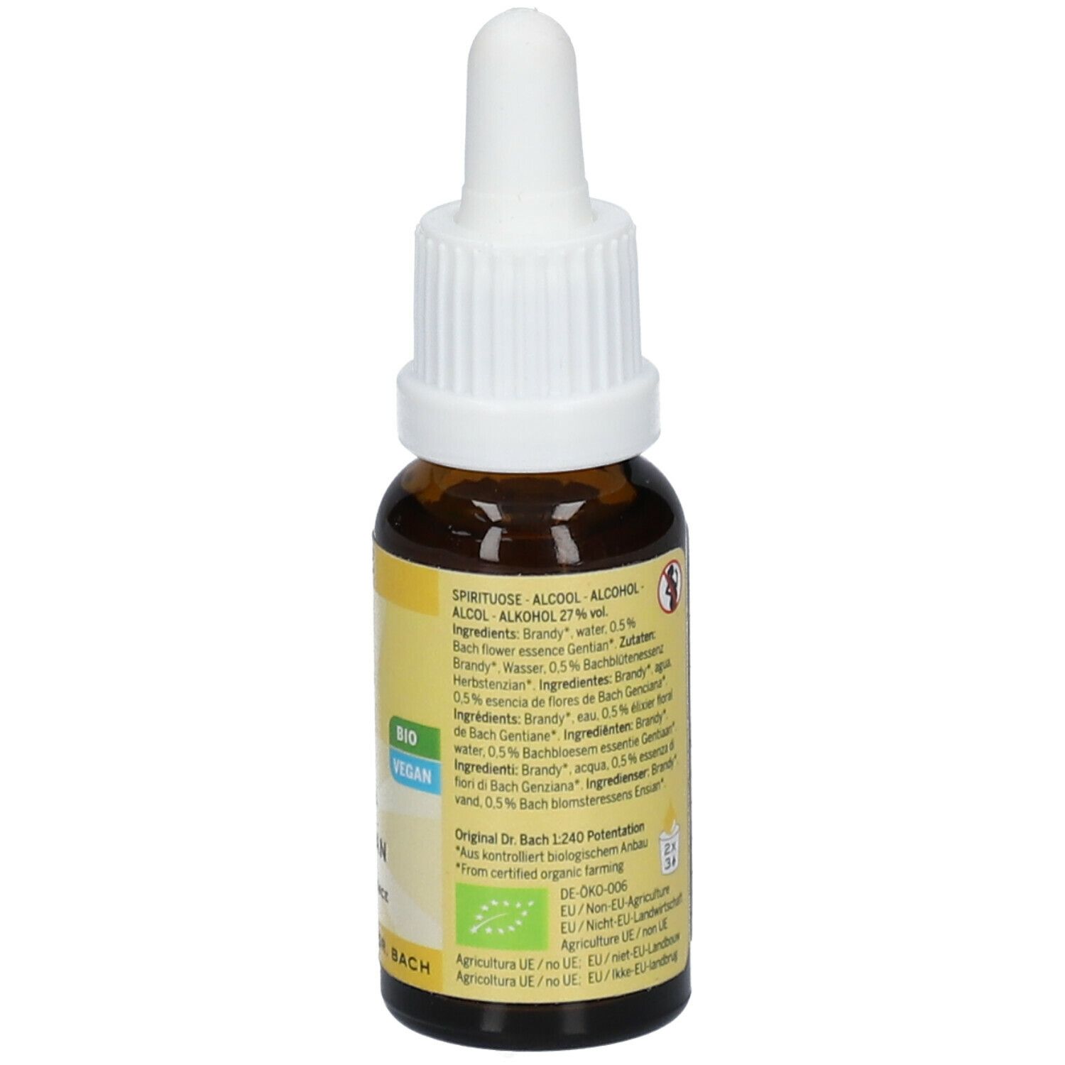Braune Glasflasche mit gelbem Etikett. Enthält Gentian Flower Essence. Mit Tropfer. Vegan. Zutatenliste.