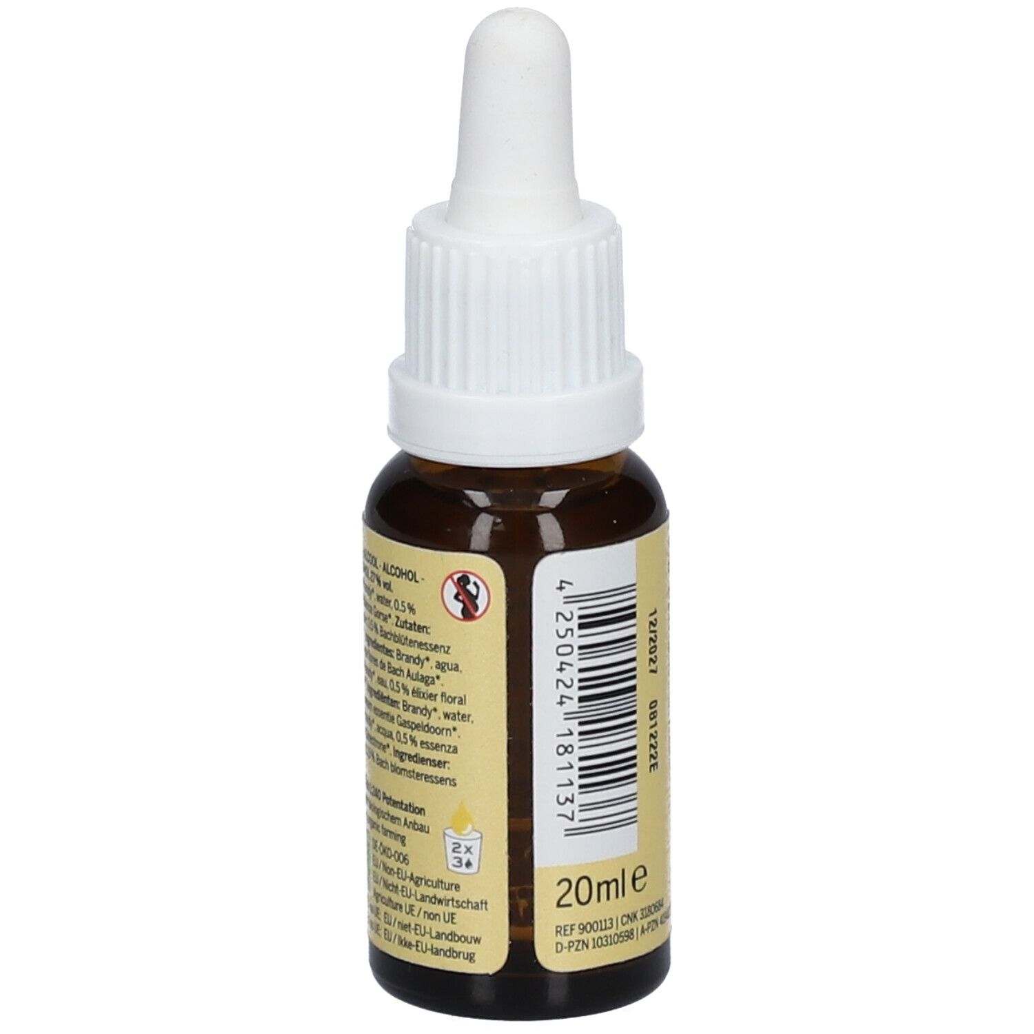 Braune Glasflasche mit weißem Tropfer. Etikett mit Inhaltsstoffen und 20ml Volumen. Barcode.