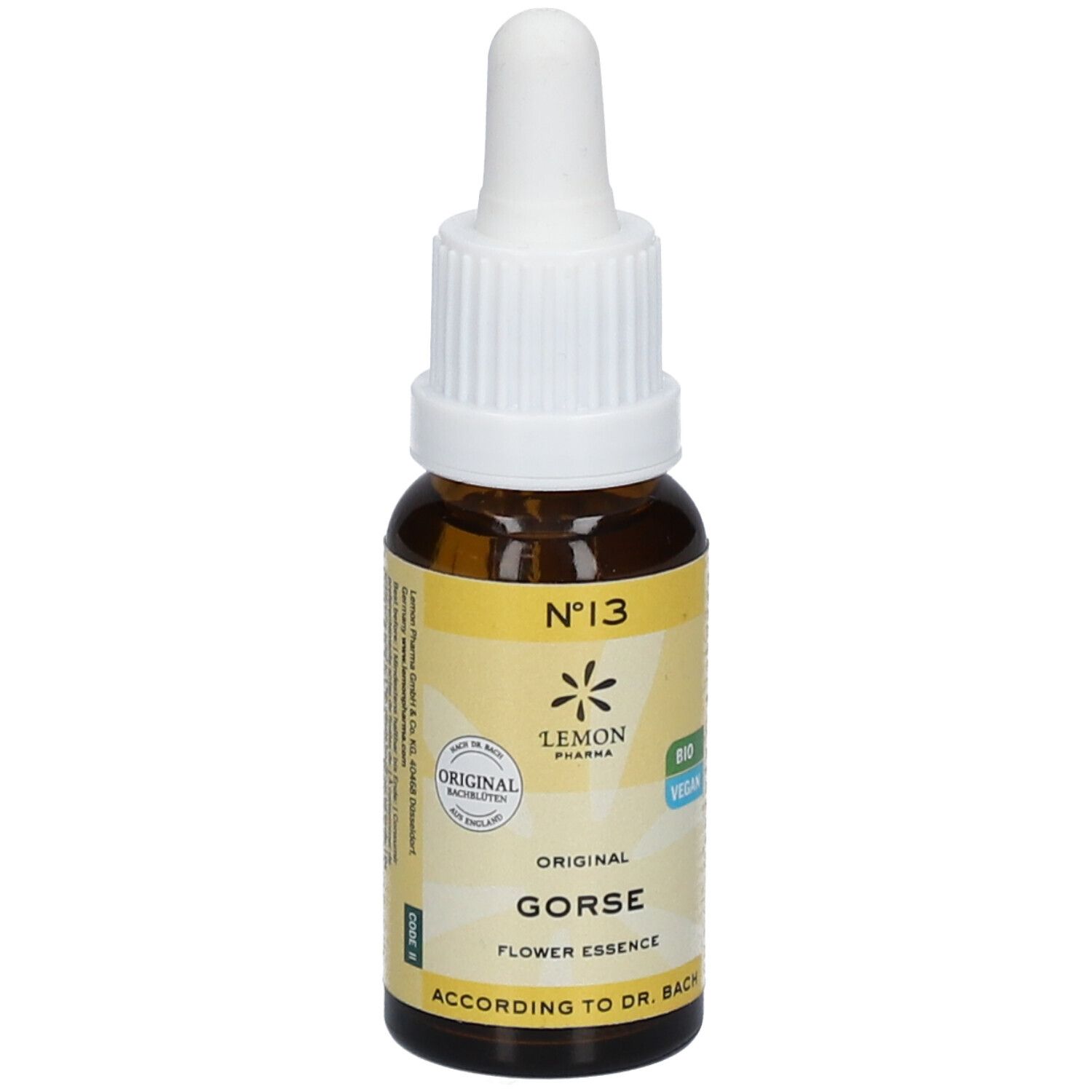Braune Glasflasche mit weißem Tropfer. Gelbes Etikett mit "Gorse" und "Original". "Bio Vegan"-Siegel.