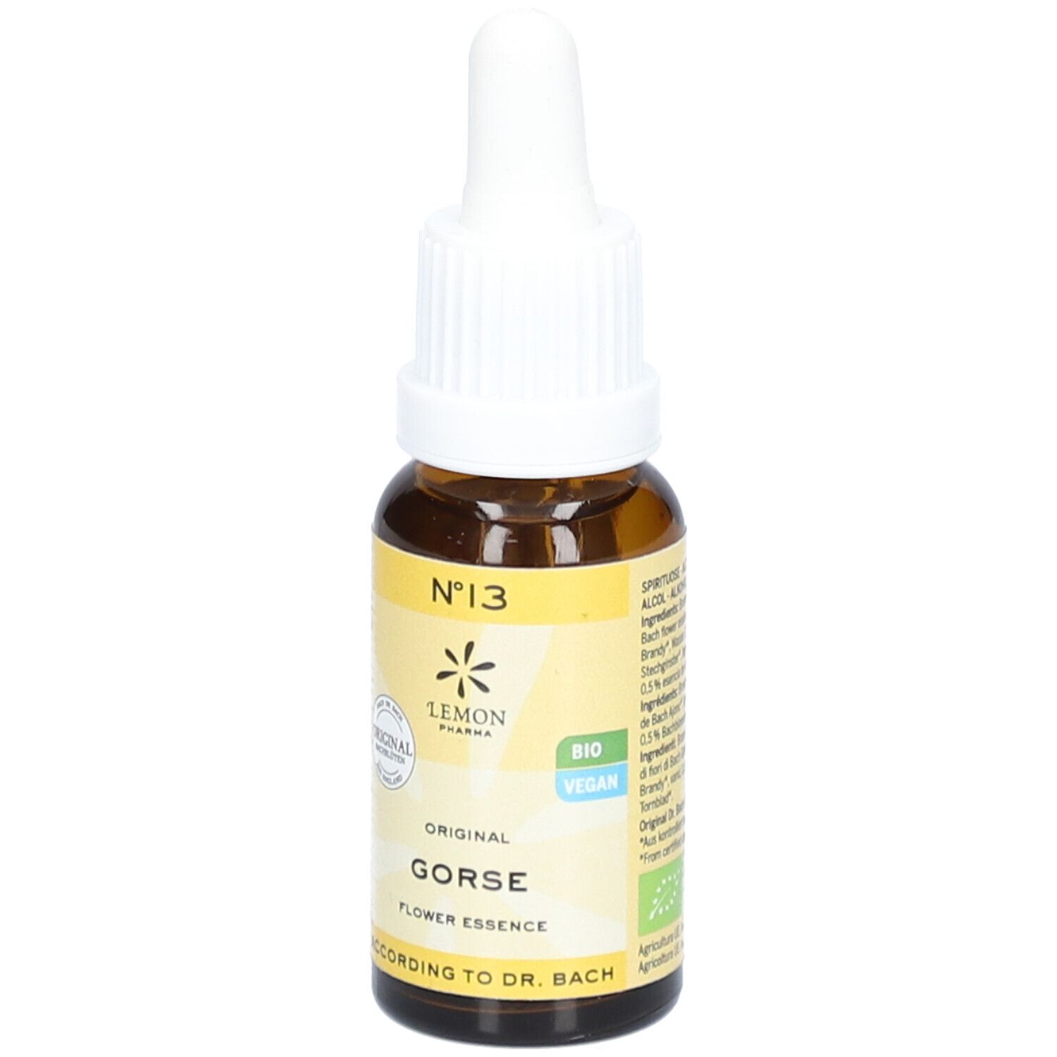 Braune Glasflasche mit weißem Tropfer. Gelbes Etikett mit "Gorse" und "Original". "Bio Vegan"-Siegel.