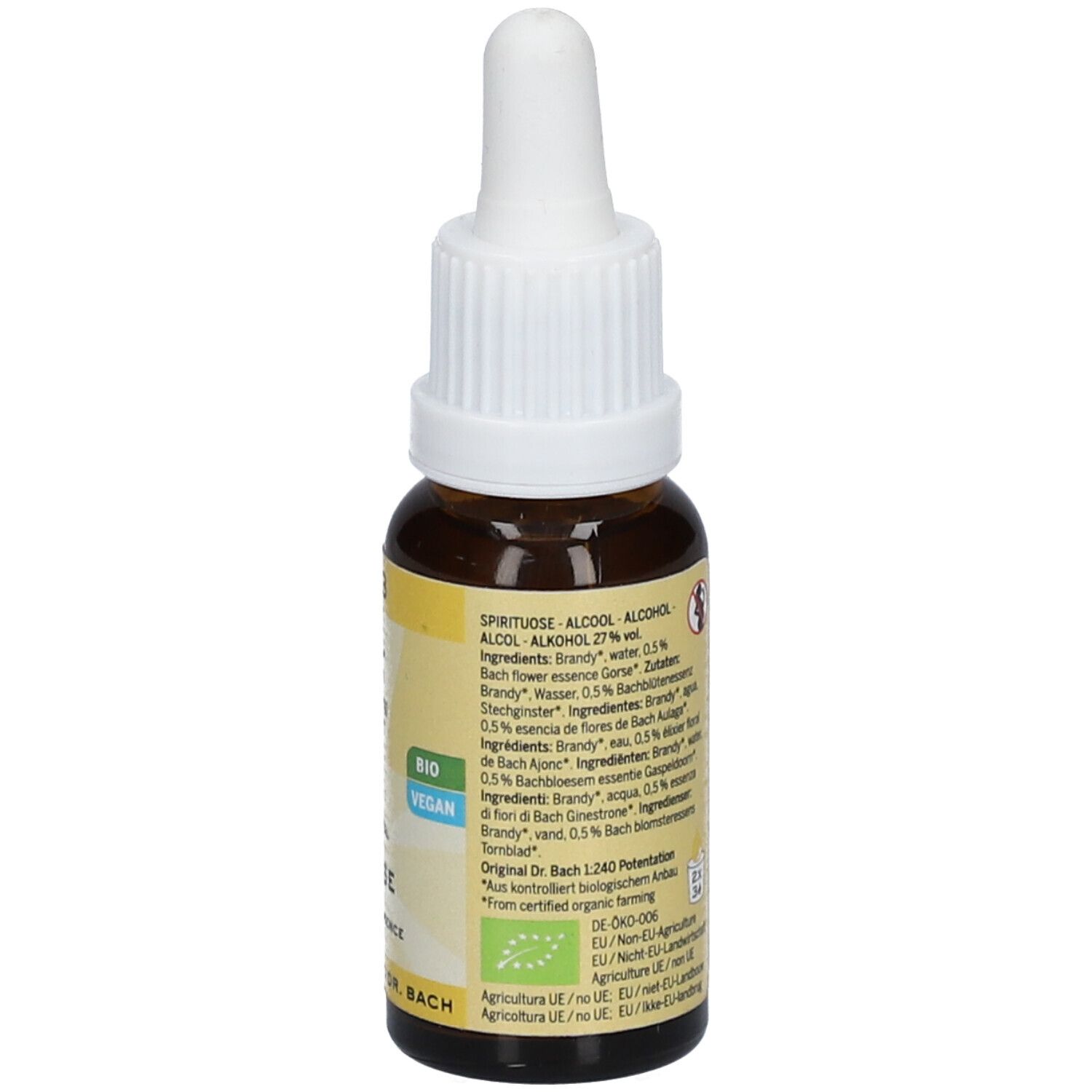 Braune Glasflasche mit weißem Tropfer. Etikett mit Inhaltsstoffen, "Bio Vegan"-Siegel. Text.