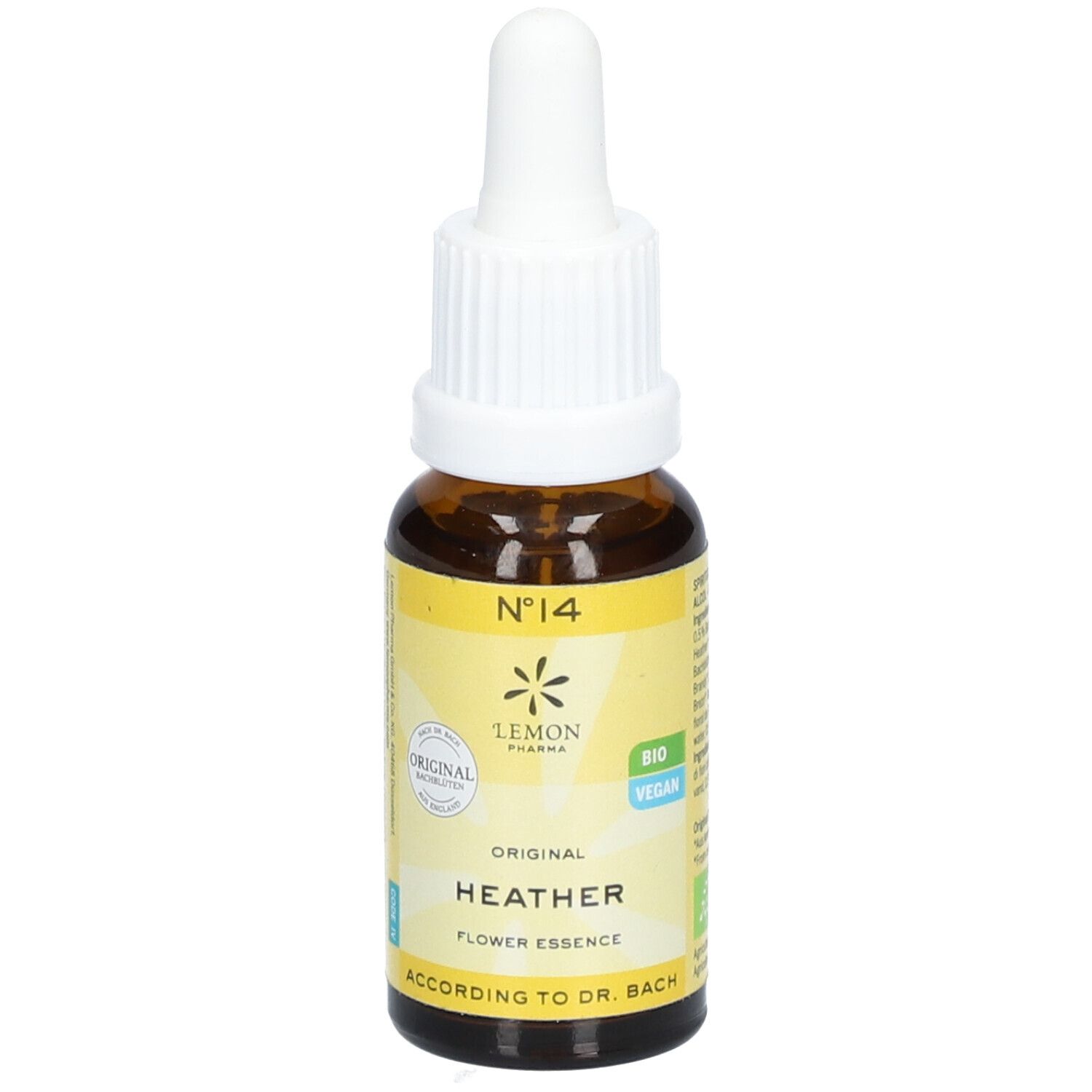 Braune Glasflasche mit Pipette. Etikett mit Produktnamen, Logo und Aufschrift "Heather Flower Essence".