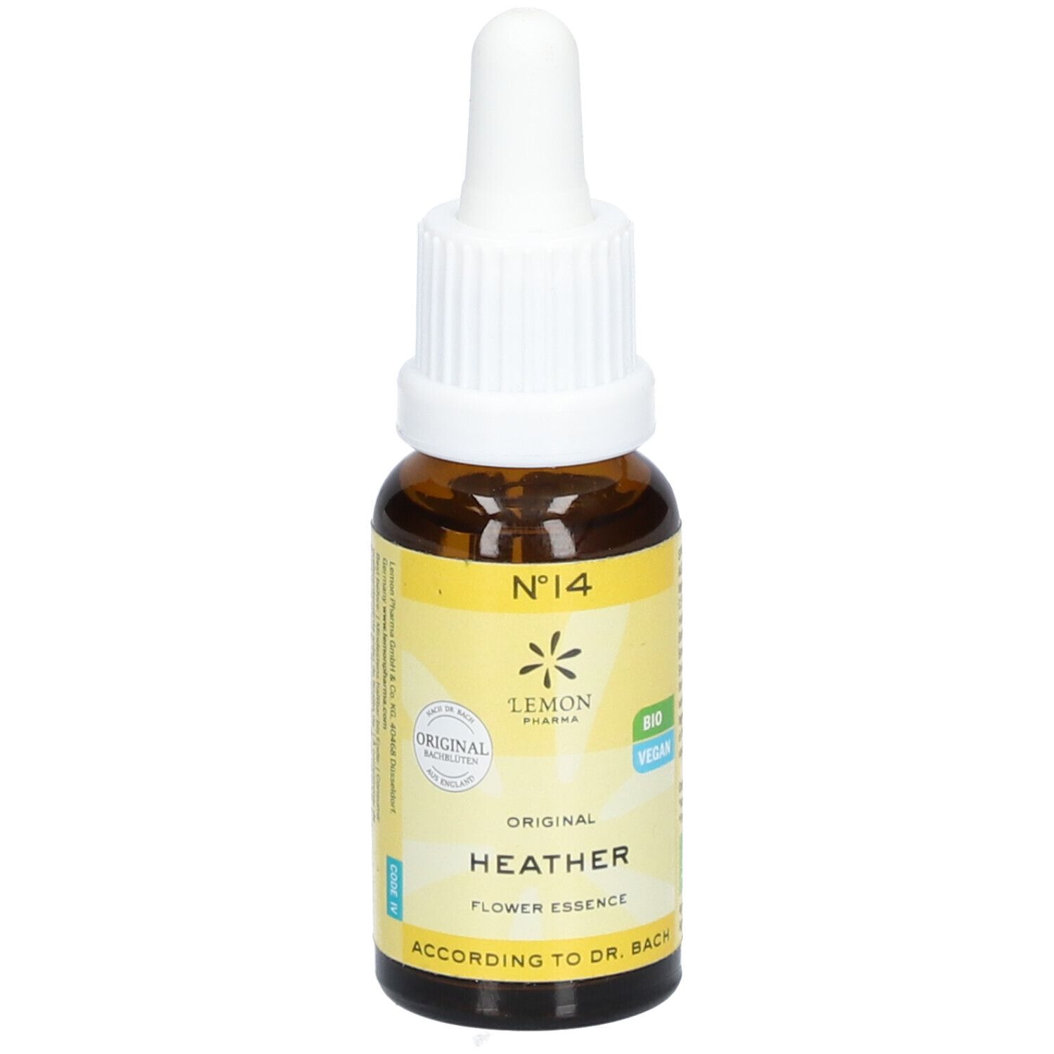 Braune Glasflasche mit Pipette. Etikett mit Produktnamen, Logo und Aufschrift "Heather Flower Essence".