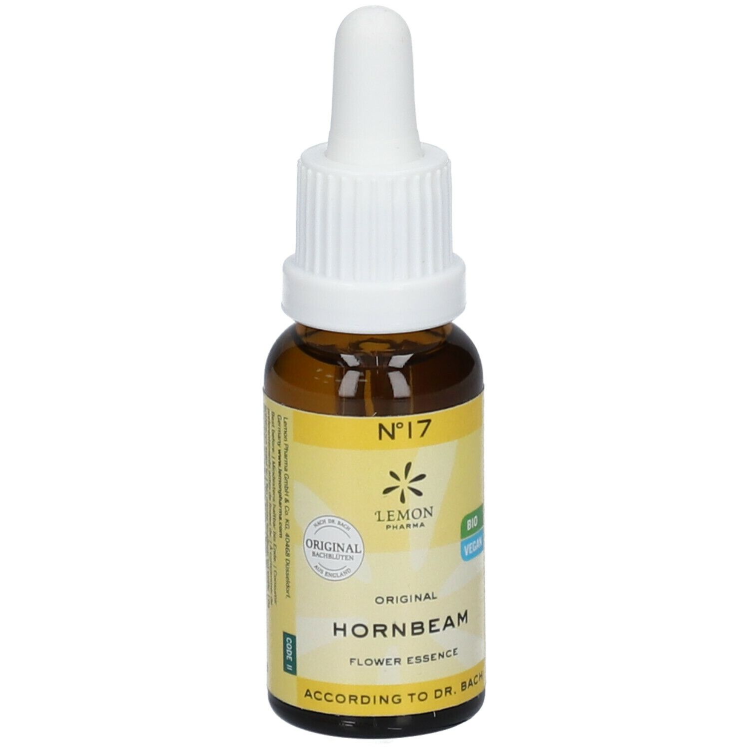 Braune Glasflasche mit weißem Tropfer. Gelbes Etikett mit Text: Hornbeam, Nr. 17, Original, Bio, Vegan. Logo: Lemon Pharma.