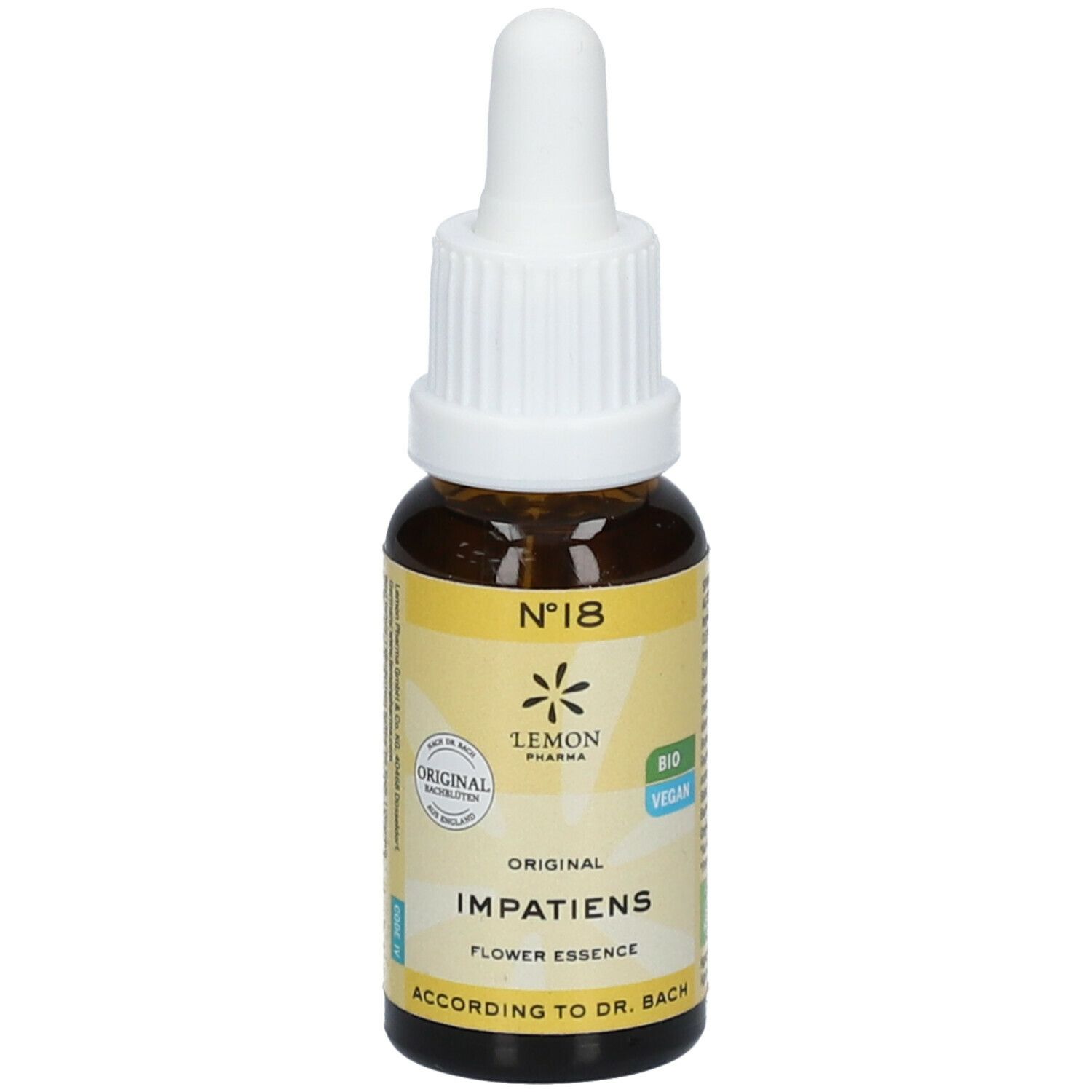 Bruine glazen fles met witte dop. Geel etiket met tekst: Impatiens, Nr. 18, Lemon Pharma, Bio Vegan.