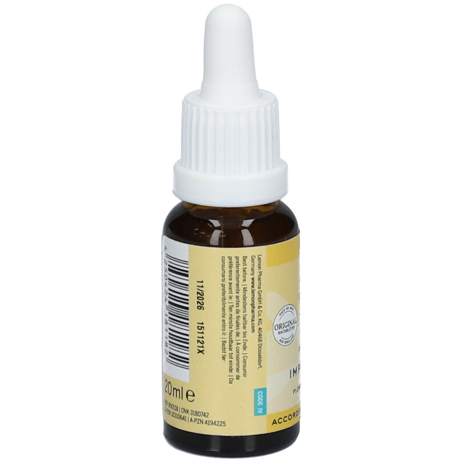 Bruine glazen fles met witte dop. Achterkant met etiket, tekst en batchnummer. 20ml. Gemaakt door Lemon Pharma.
