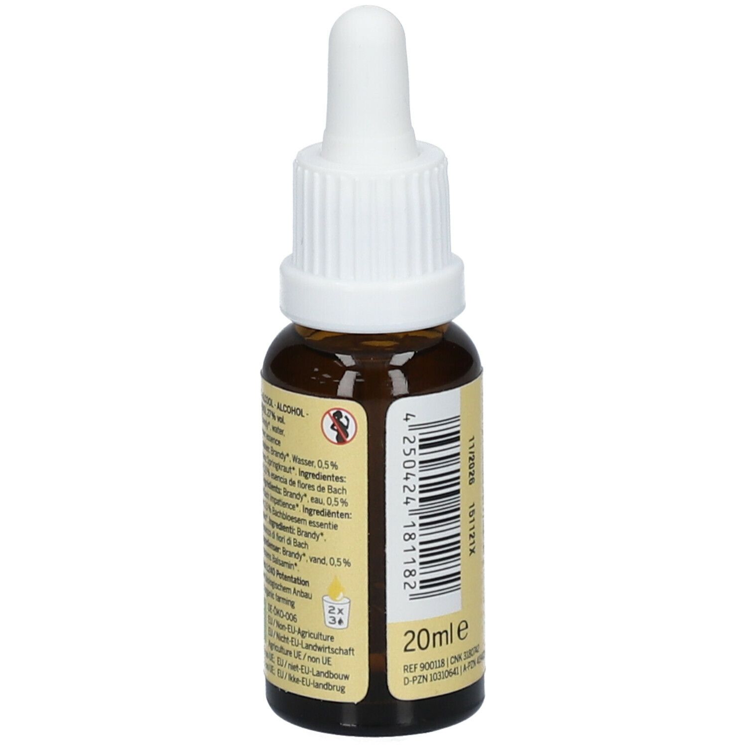 Bruine glazen fles met witte dop. Achterkant met etiket, tekst en ingrediënten. 20ml. Gemaakt door Lemon Pharma.