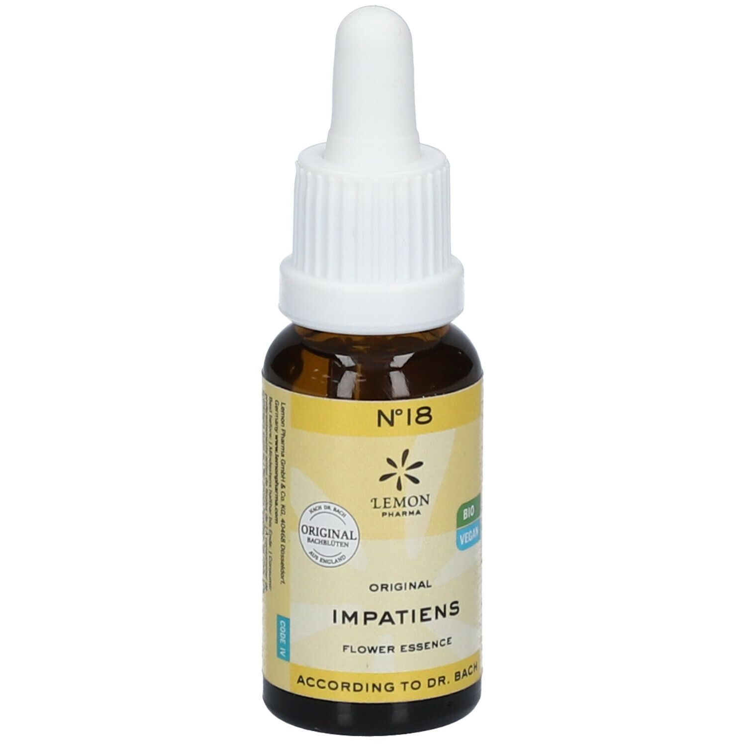 Bruine glazen fles met witte dop. Geel etiket met tekst: Impatiens, Nr. 18, Lemon Pharma, Bio Vegan.