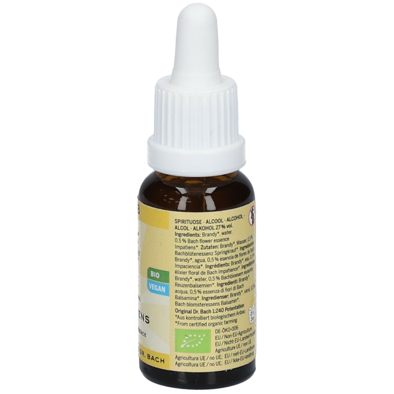 Bruine glazen fles met witte dop. Achterkant met etiket, tekst, ingrediënten en certificeringen. 20ml.