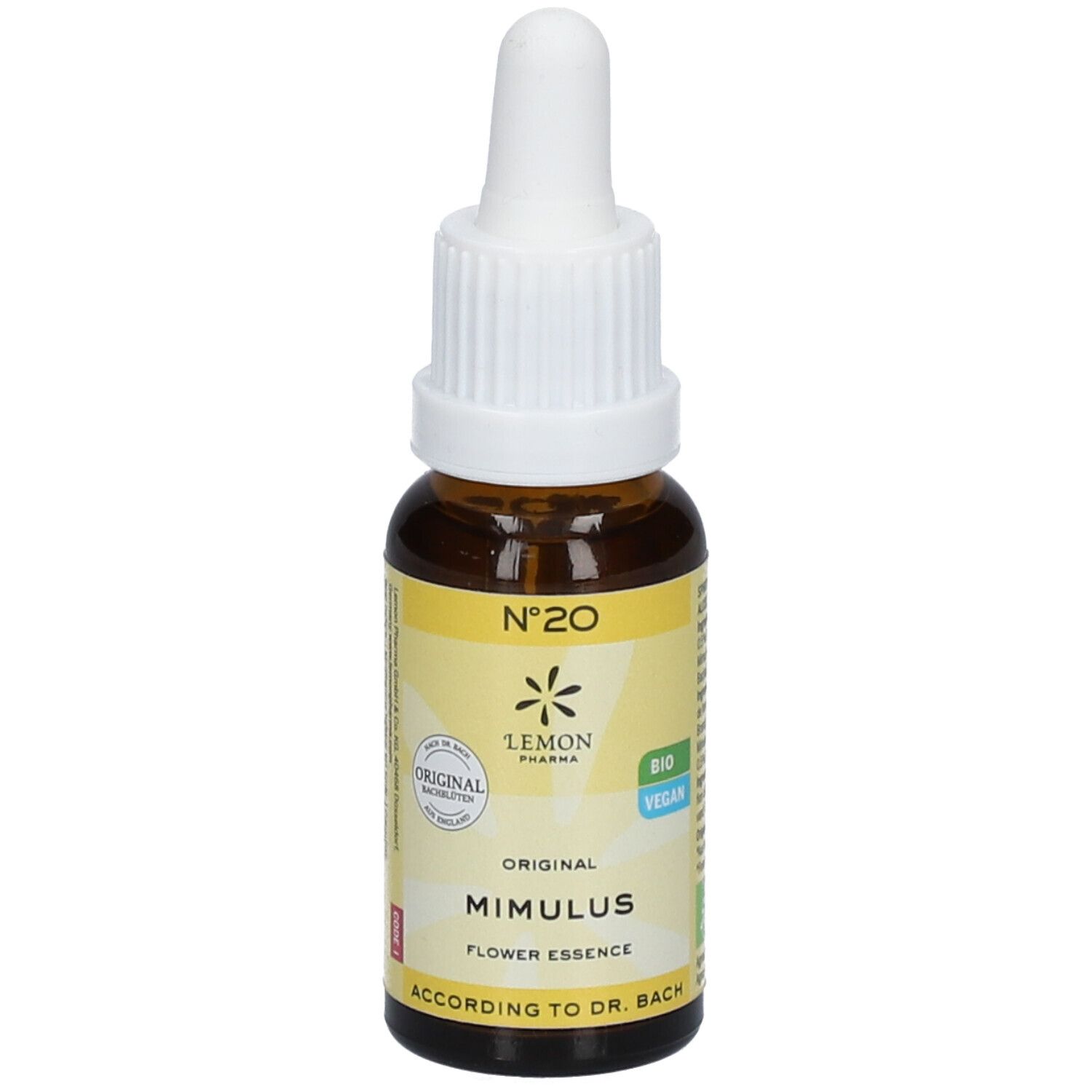 Bruine glazen fles met witte dop en pipet. Etiket met productinformatie en logo. "Mimulus" en "Original" zichtbaar.