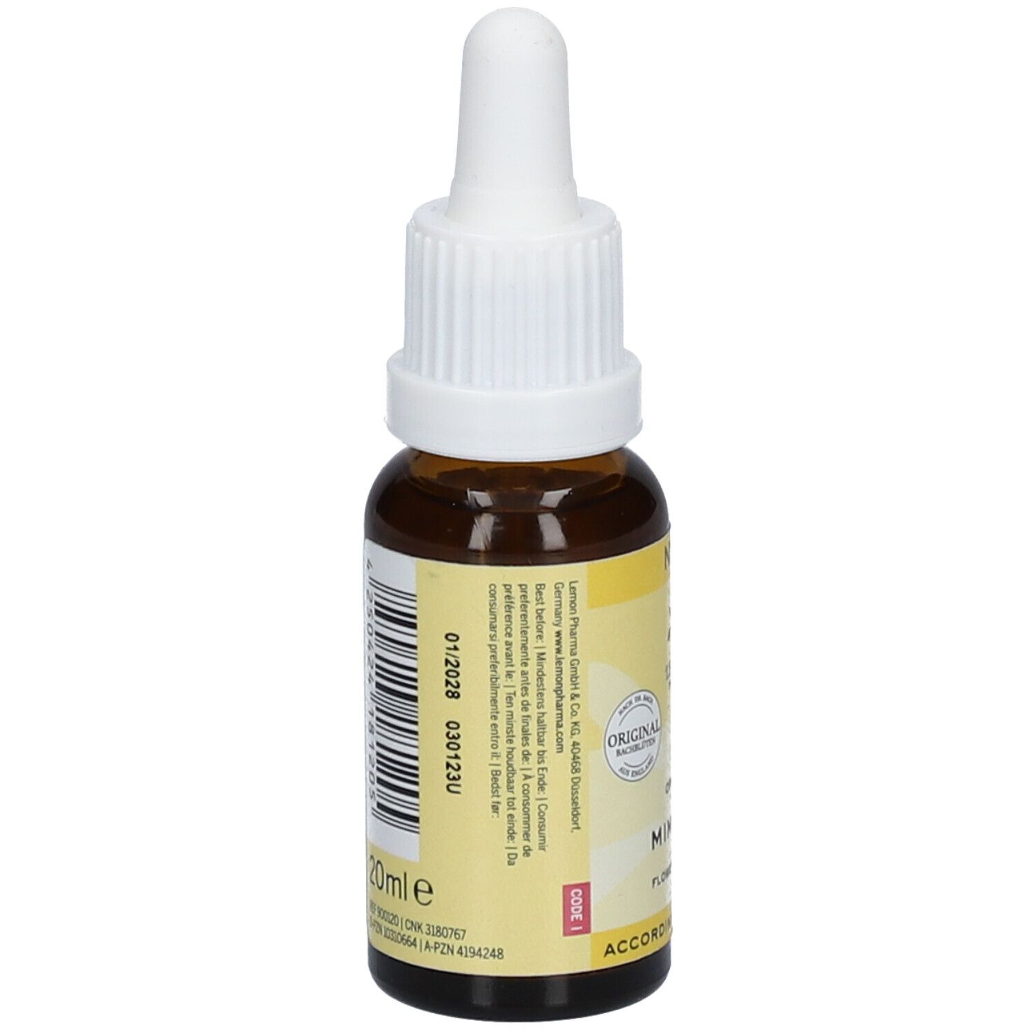 Bruine glazen fles met witte dop. Etiket met informatie, incl. houdbaarheidsdatum. "Mimulus" en "Original" zichtbaar.