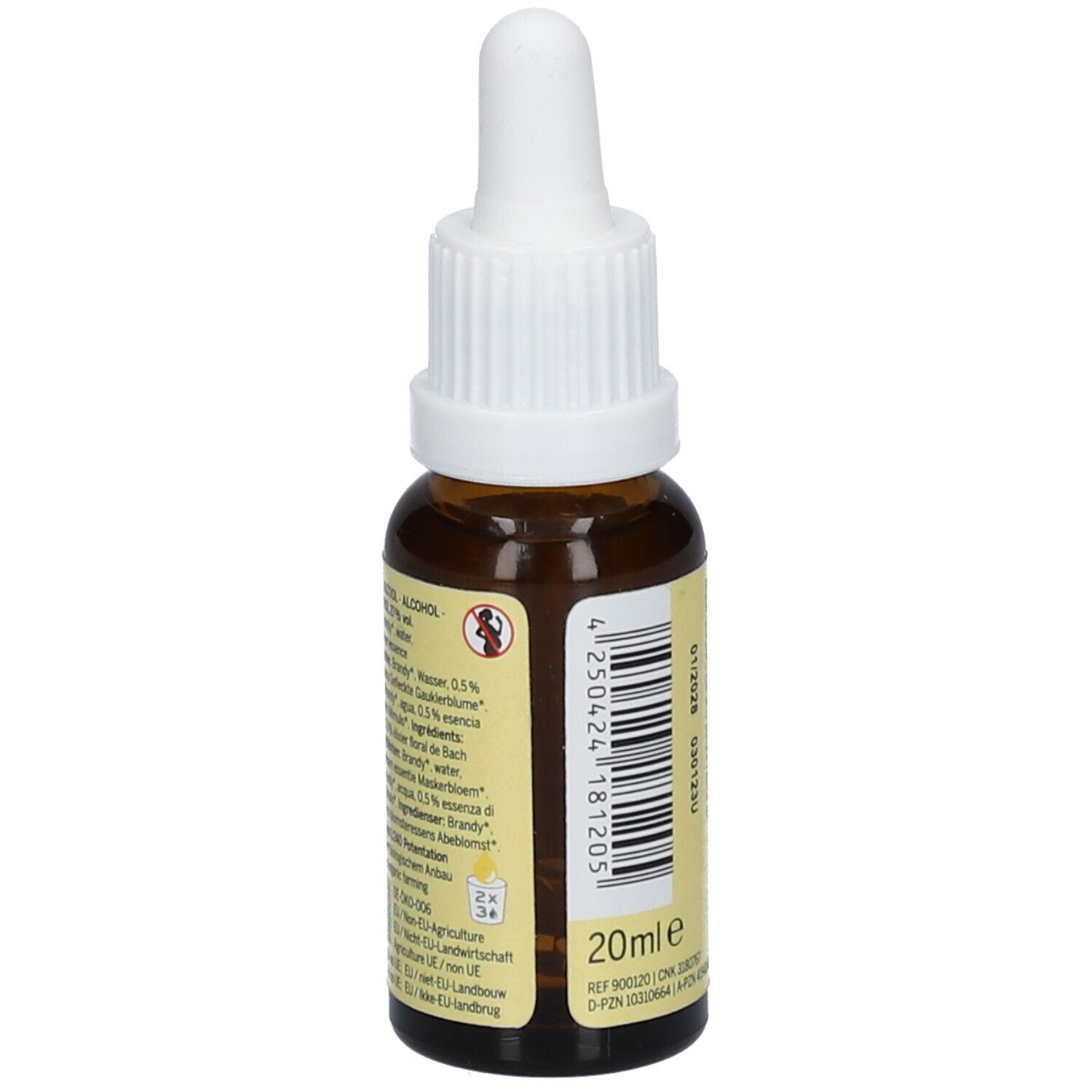Bruine glazen fles met witte dop. Etiket met ingrediënten en volume. "Mimulus" en "Original" zichtbaar.