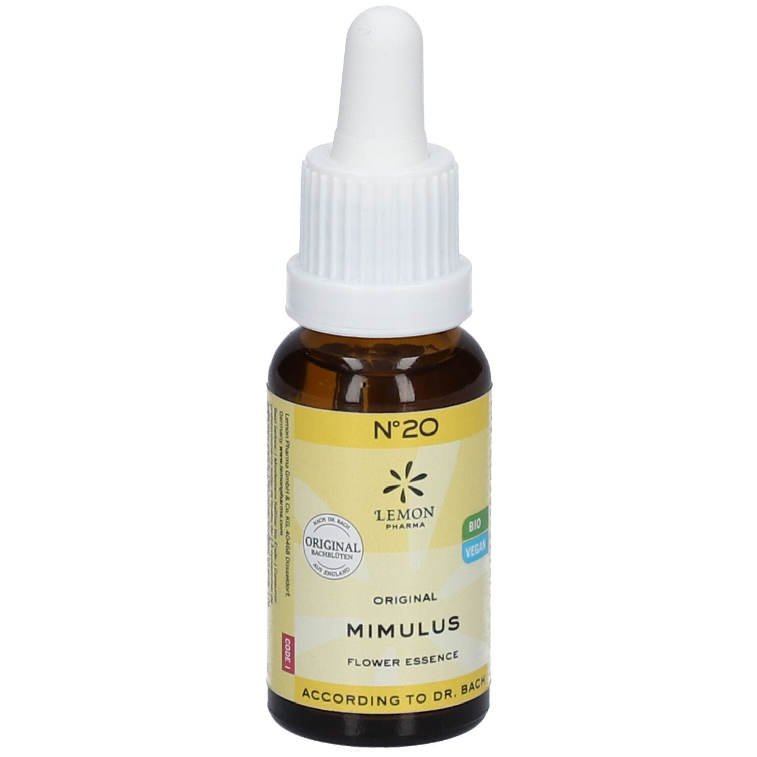 Bruine glazen fles met witte dop en pipet. Etiket met productinformatie en logo. "Mimulus" en "Original" zichtbaar.