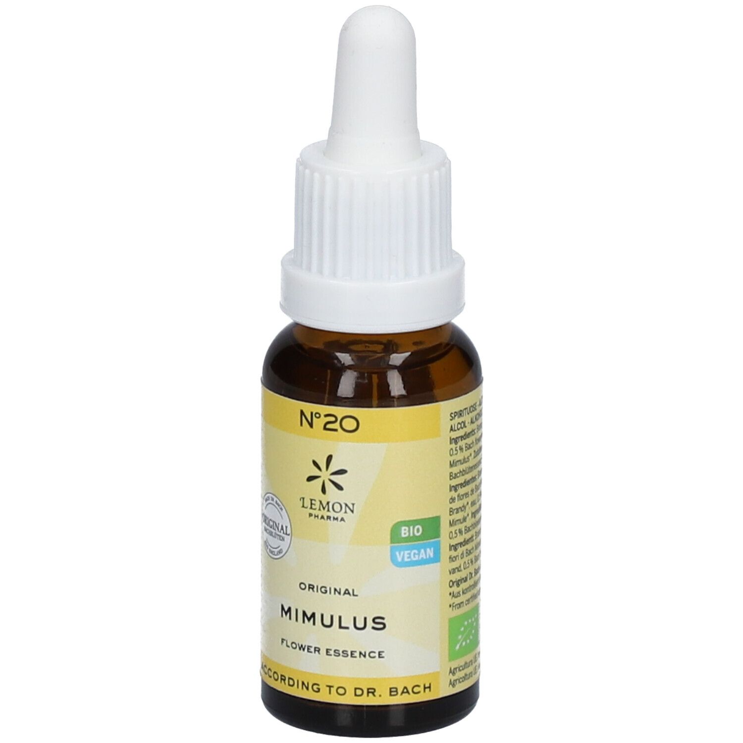 Bruine glazen fles met witte dop en pipet. Etiket met productinformatie en logo. "Mimulus" en "Original" zichtbaar.