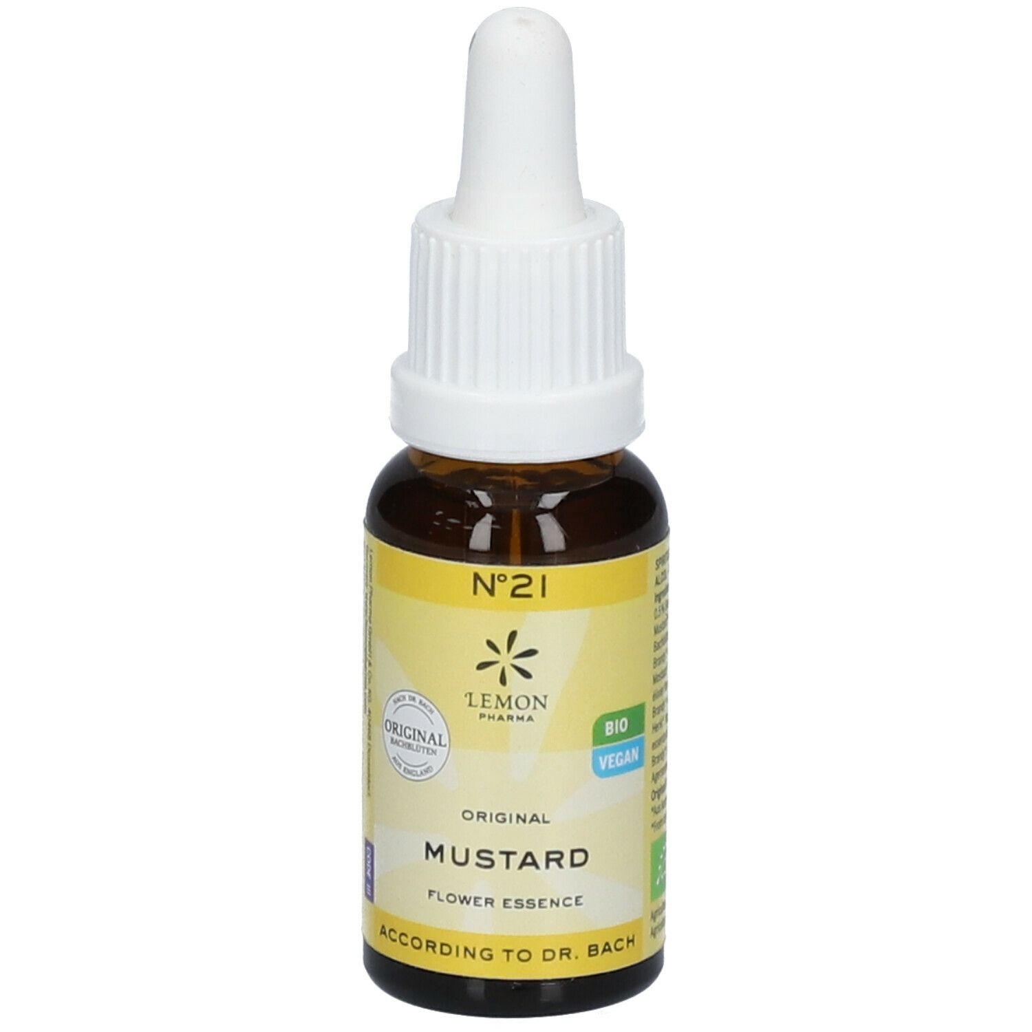 Braune Glasflasche mit weißem Tropfer. Gelbes Etikett mit Text: Mustard, Nr. 21, Lemon Pharma, Bio, Vegan.