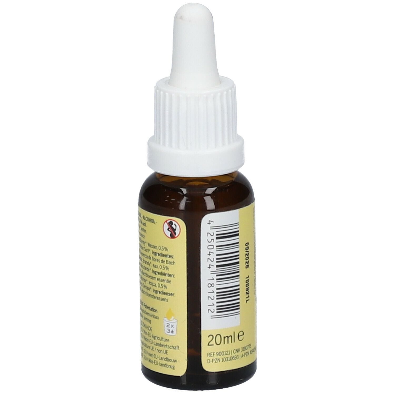 Braune Glasflasche mit weißem Tropfer. Gelbes Etikett mit Text und Barcode. Aufschrift: 20ml.