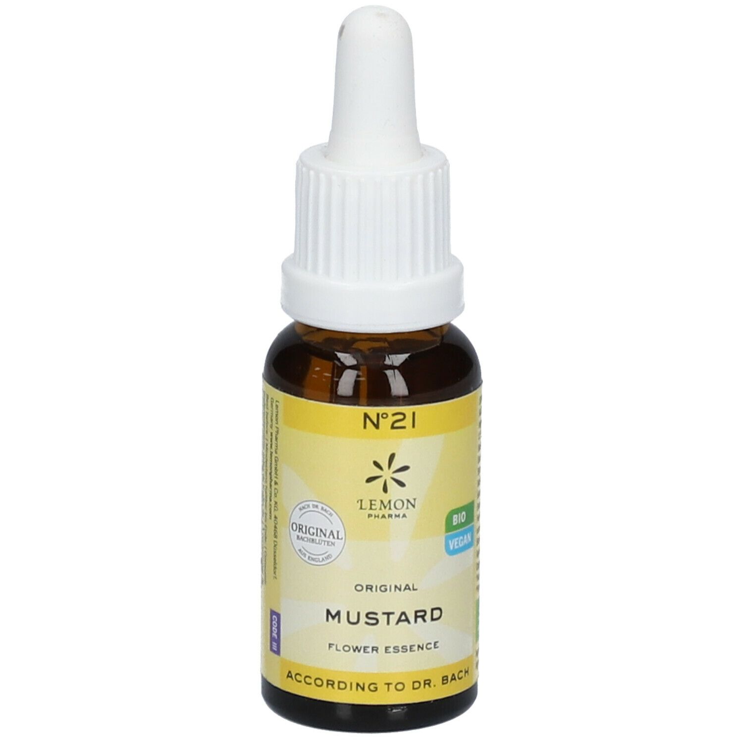 Braune Glasflasche mit weißem Tropfer. Gelbes Etikett mit Text: Mustard, Nr. 21, Lemon Pharma, Bio, Vegan.