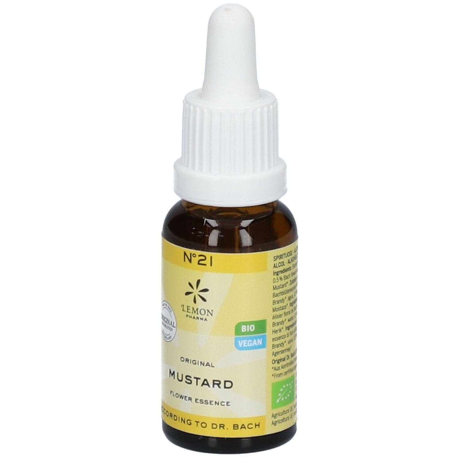 Braune Glasflasche mit weißem Tropfer. Gelbes Etikett mit Text: Mustard, Nr. 21, Lemon Pharma, Bio, Vegan.