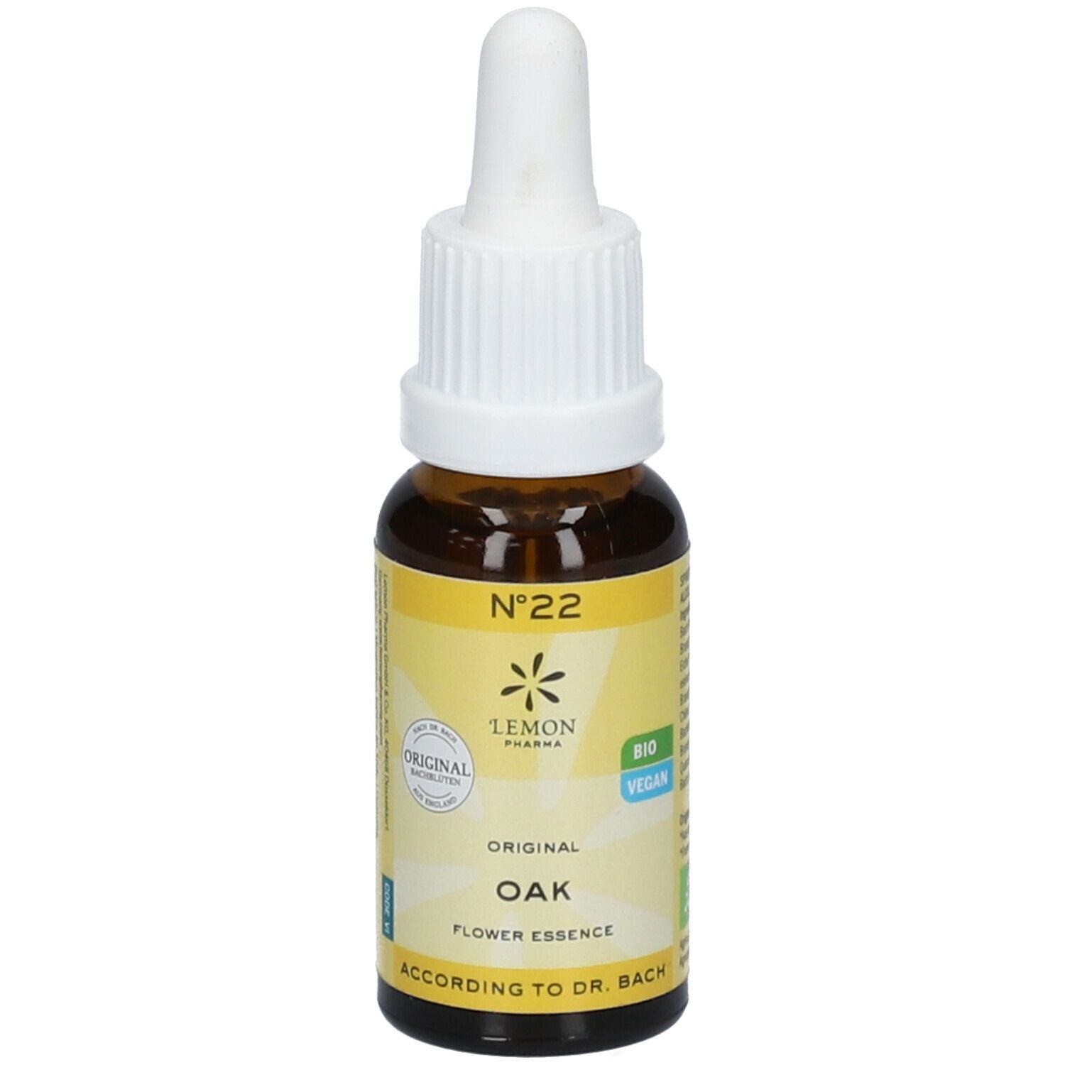 Flacon en verre brun avec compte-gouttes blanc. Étiquette jaune avec texte: Original Oak Flower Essence, N°22, Bio, Vegan.