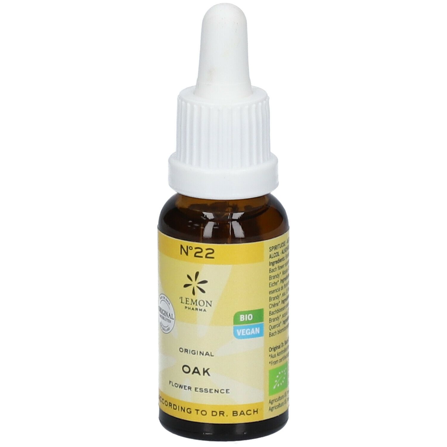 Flacon en verre brun avec compte-gouttes blanc. Étiquette jaune avec texte: Original Oak Flower Essence, N°22, Bio, Vegan.
