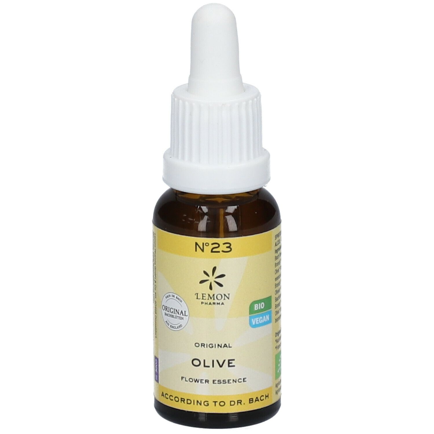 Flacon en verre brun avec bouchon blanc et pipette. Étiquette avec texte: Original Olive Flower Essence, Nr. 23, Lemon Pharma, Bio Vegan.