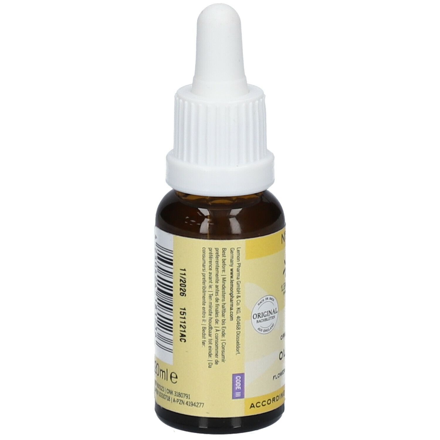 Flacon en verre brun avec bouchon blanc et pipette. Étiquette avec texte et code-barres. Inscription: Lemon Pharma, Original Olive Flower Essence.